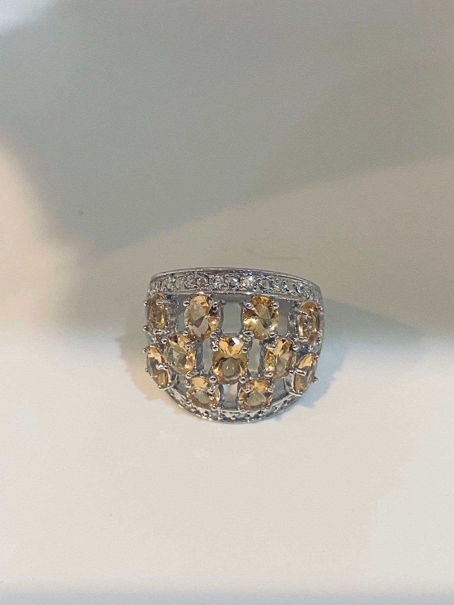 Vintage Golden Citrine and White Sapphire Wedding Band 925 Sterling Silver Ring