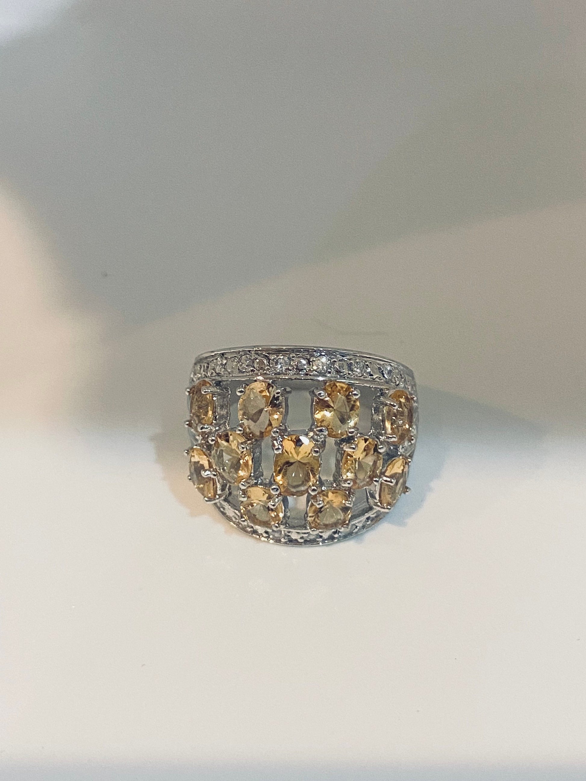 Vintage Golden Citrine and White Sapphire Wedding Band 925 Sterling Silver Ring