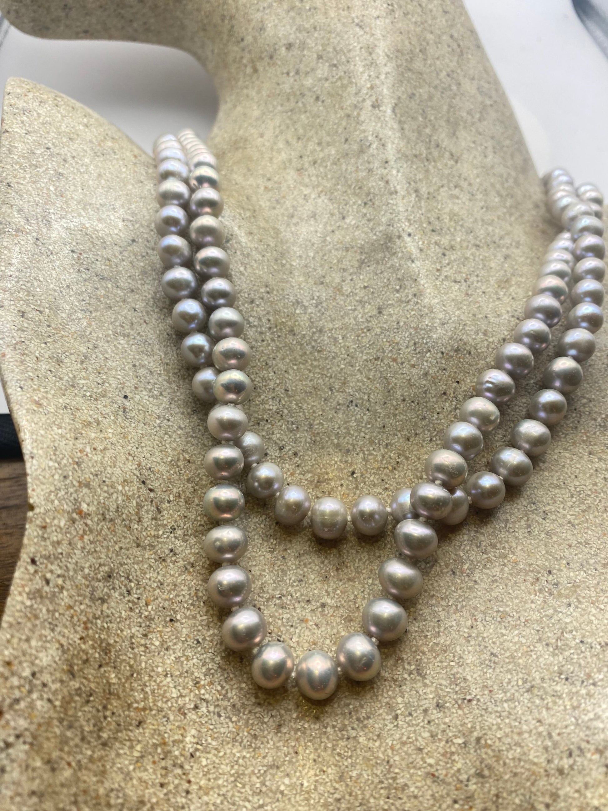 Vintage Hand Knotted Grey Pearl Double 16-18 in Necklace