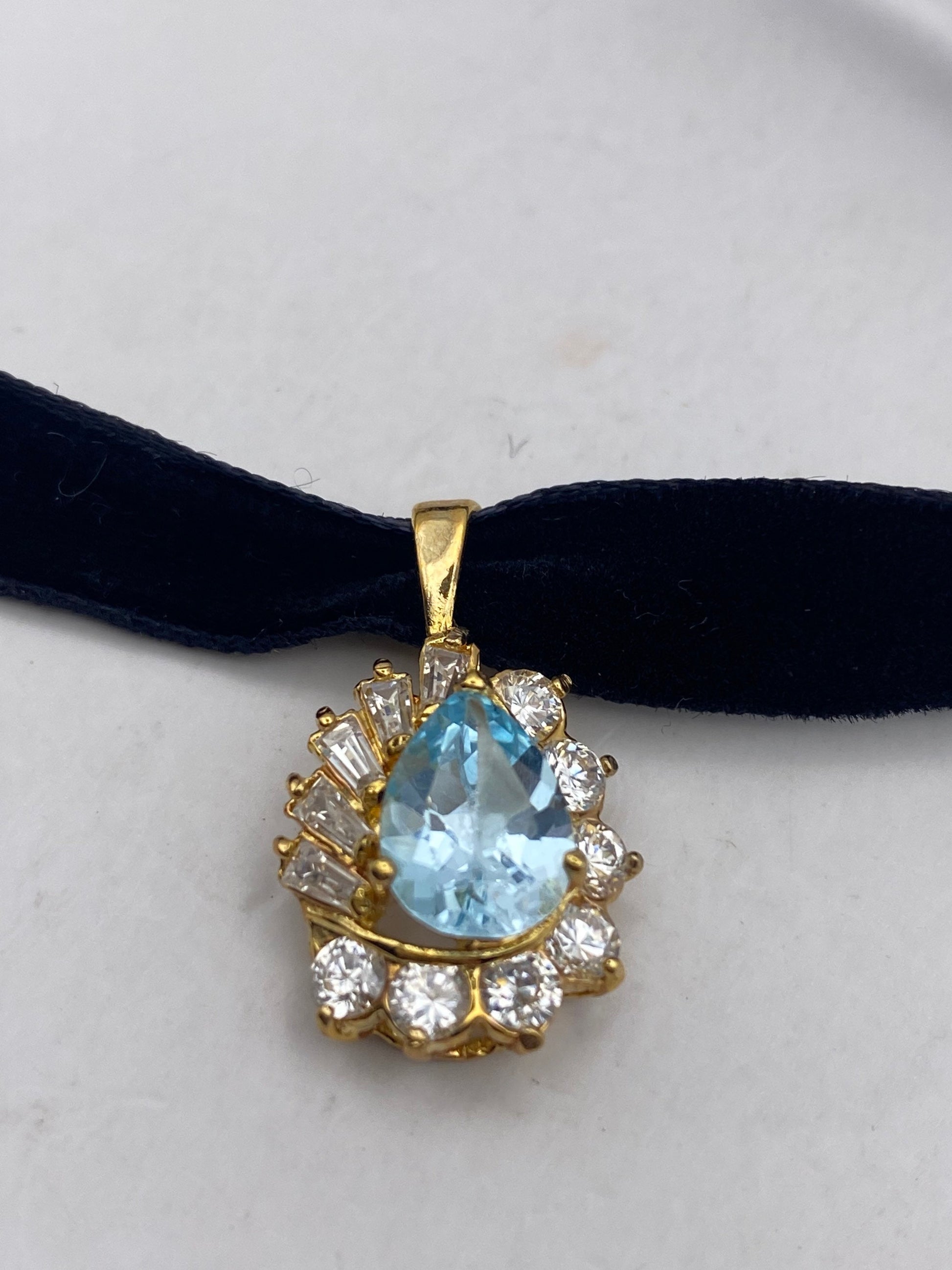 Vintage Blue Topaz Golden 925 Sterling Silver Choker Necklace Pendant