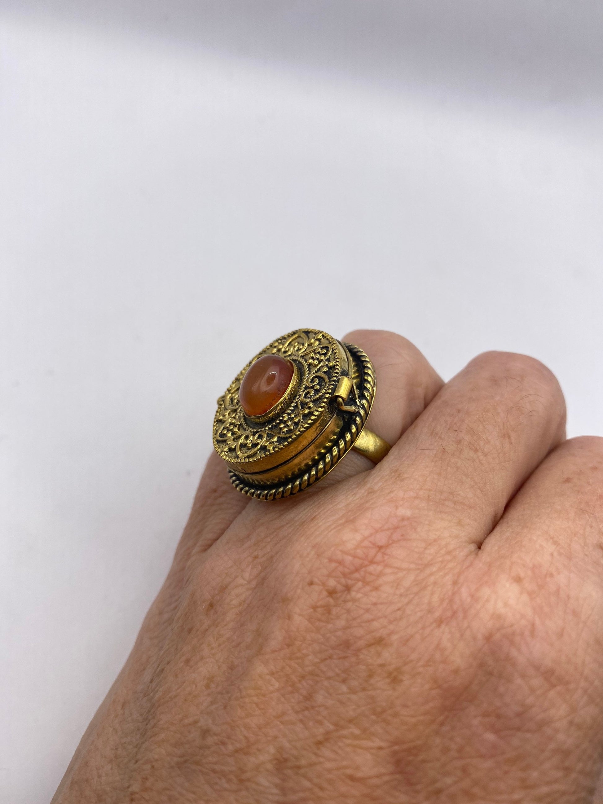 Vintage Red Carnelian Brass Poison Pillbox Ring