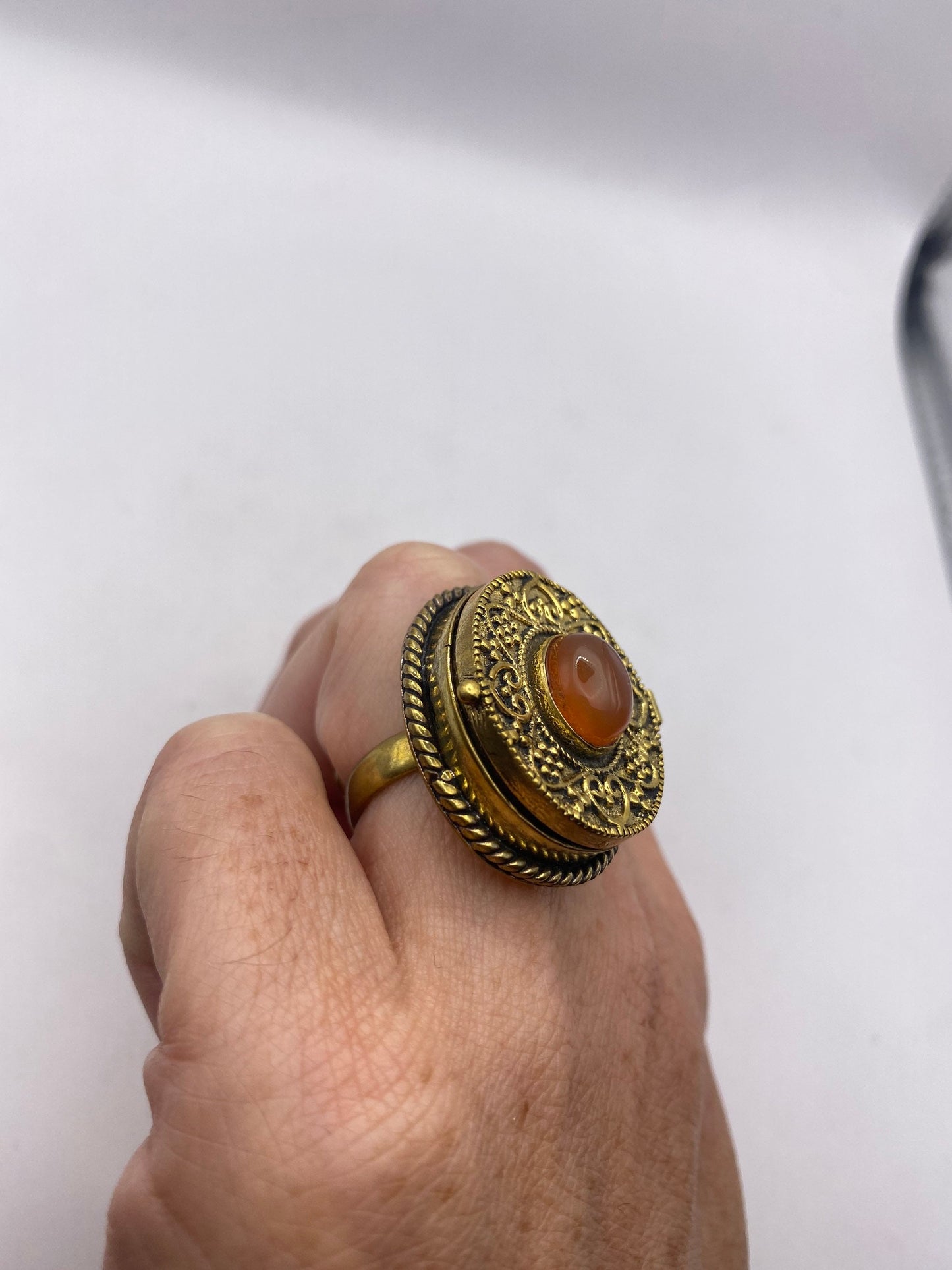Vintage Red Carnelian Brass Poison Pillbox Ring