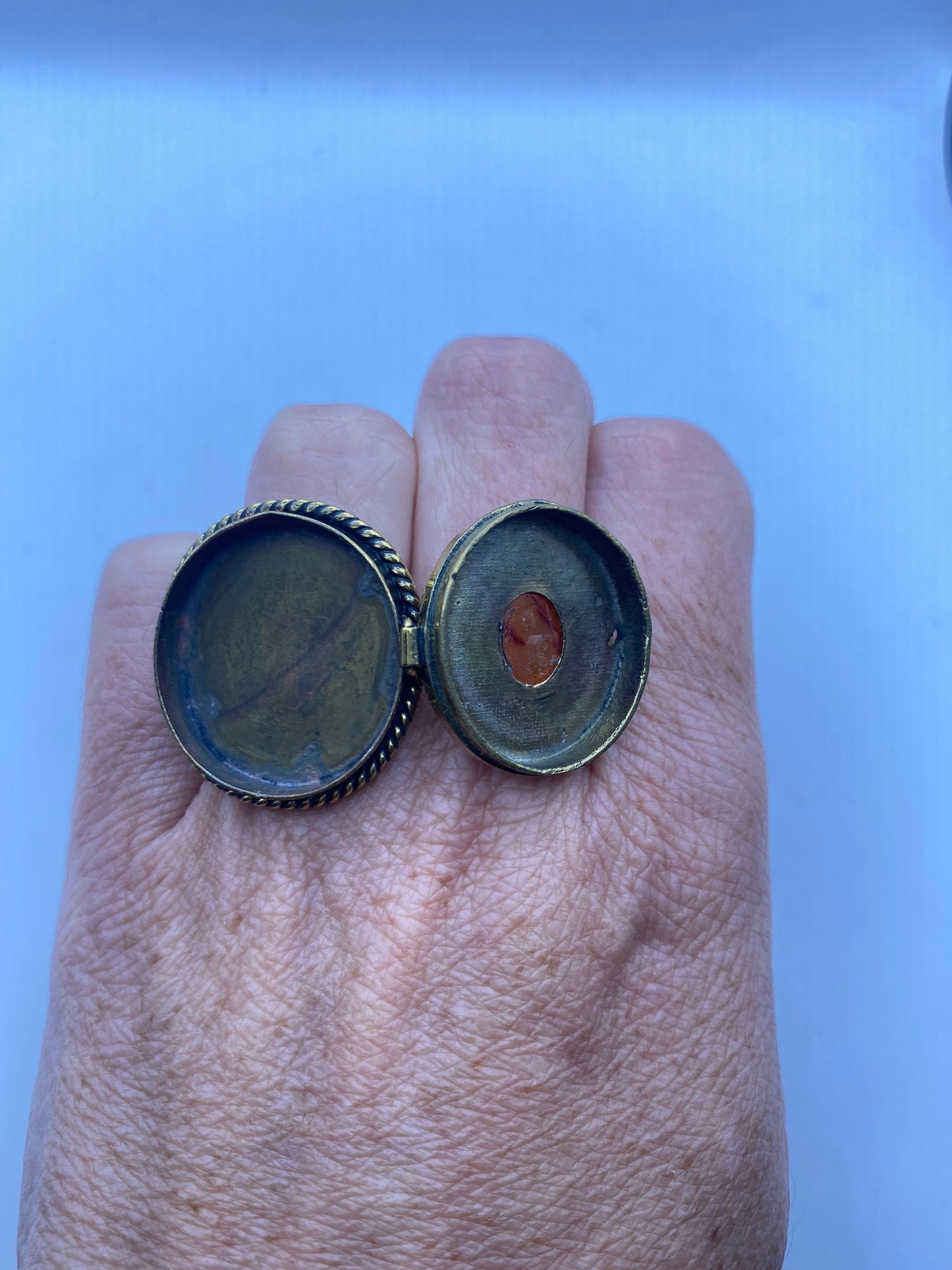 Vintage Red Carnelian Brass Poison Pillbox Ring