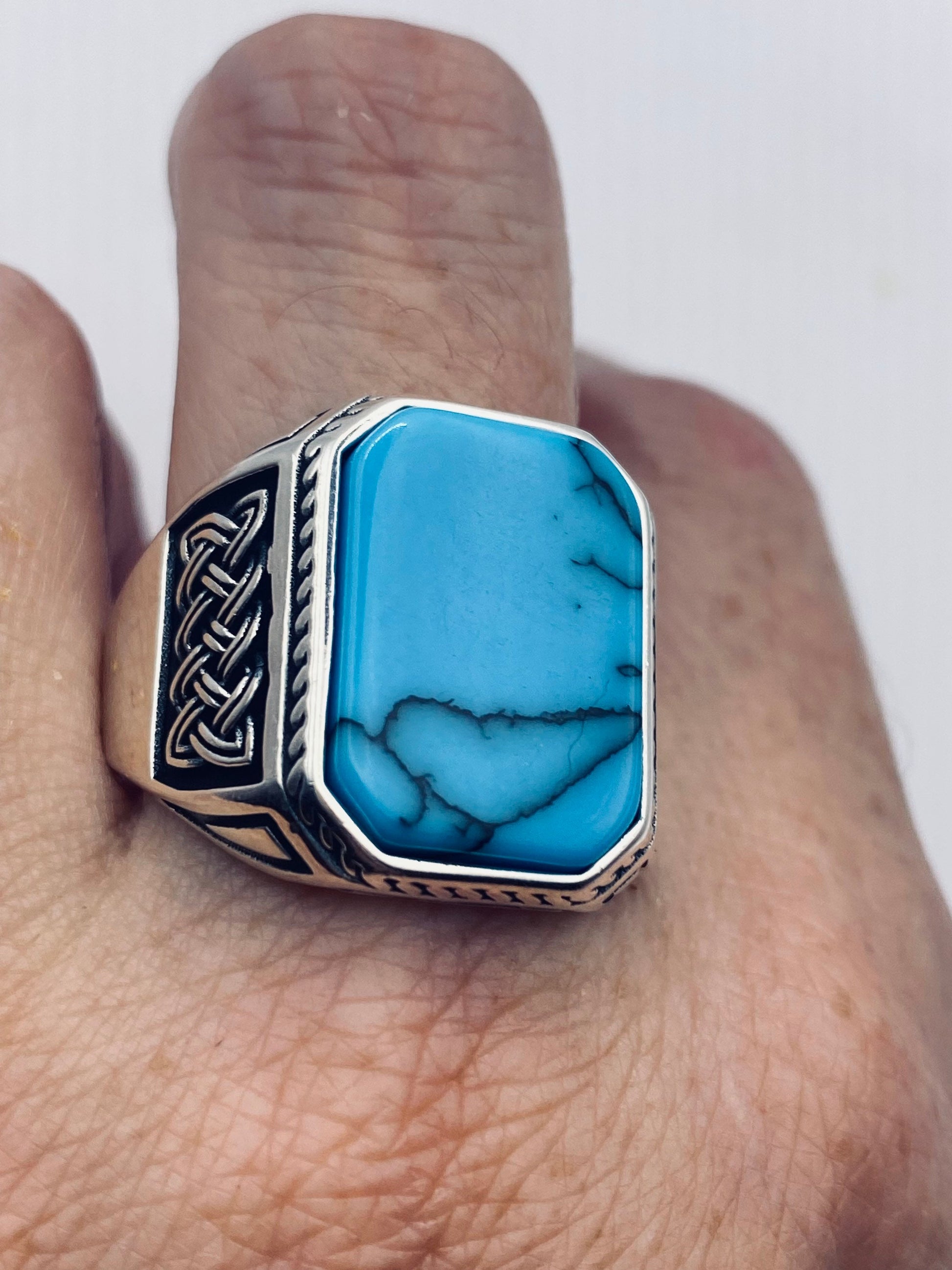 Vintage Turquoise Mens Ring in 925 Sterling Silver