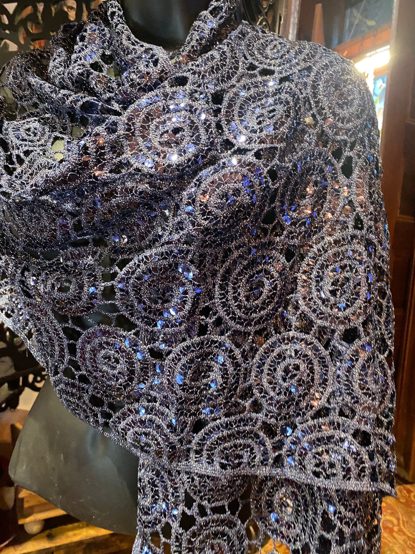 Vintage Styled Sheer Navy Blue Sequined Embroidered Wrap Shawl