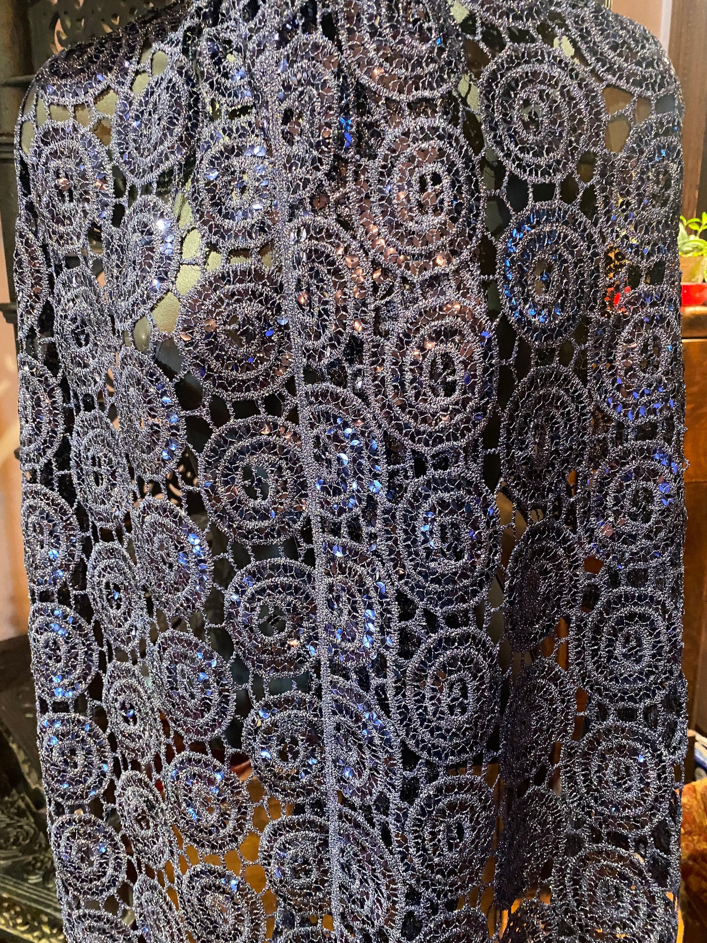 Vintage Styled Sheer Navy Blue Sequined Embroidered Wrap Shawl