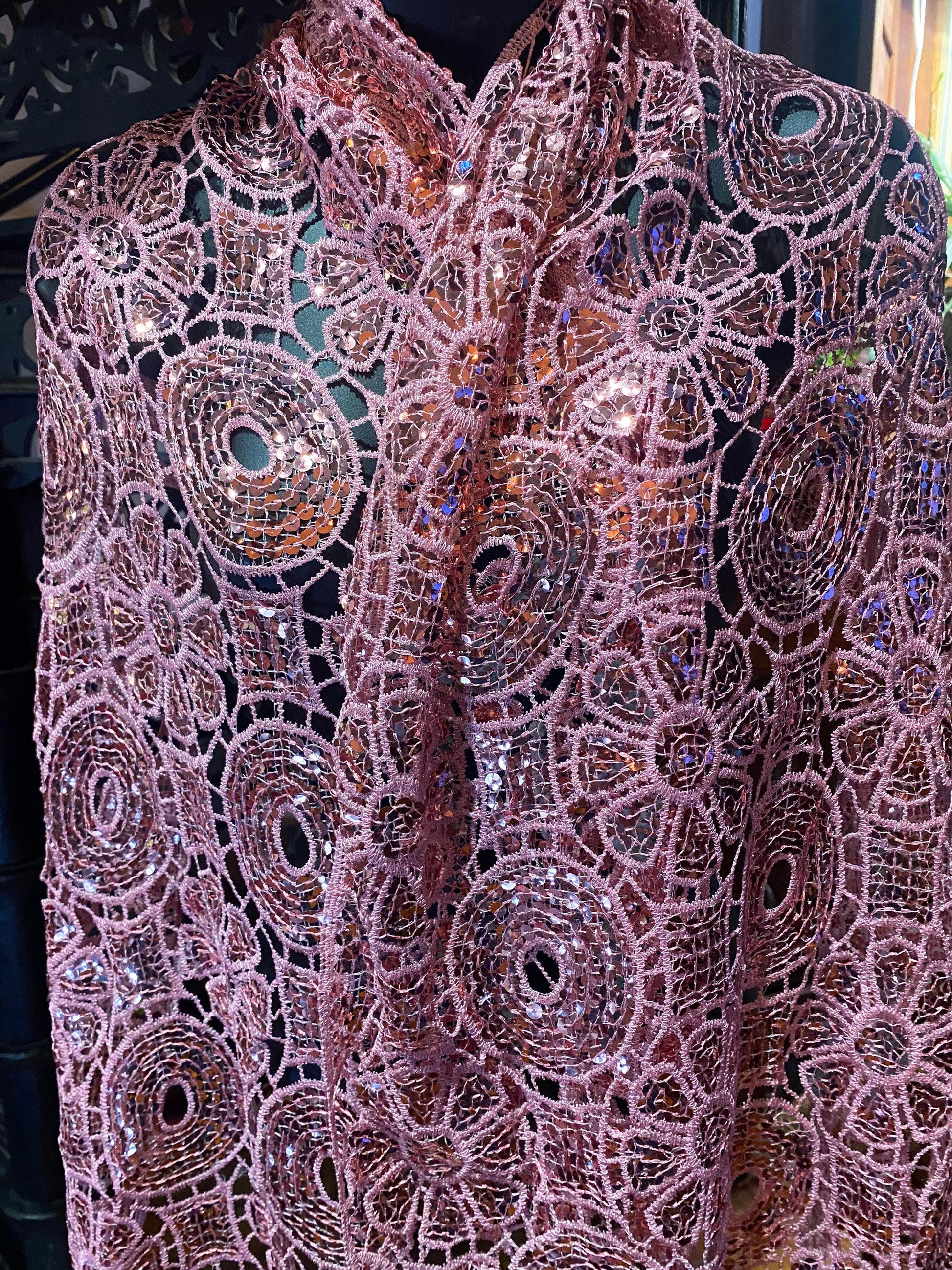 Vintage Styled Sheer Pink Sequined Embroidered Wrap Shawl