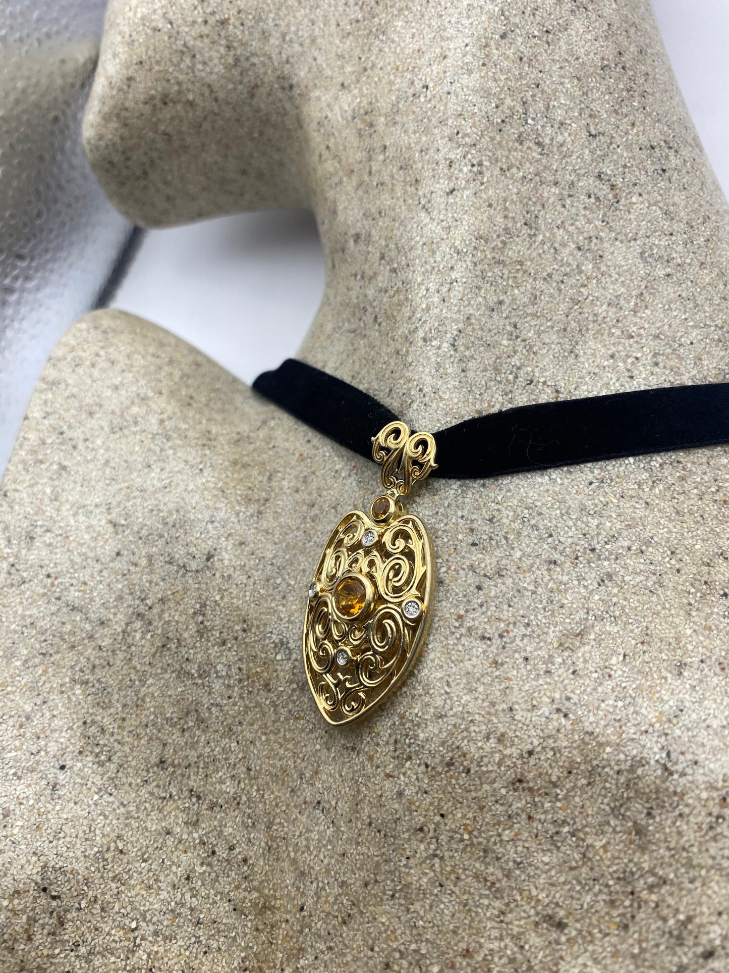 Vintage Gold Pendant | Hungarian Genuine Citrine Gemstone Pendant | Golden 925 Sterling Silver Ribbon Choker Necklace