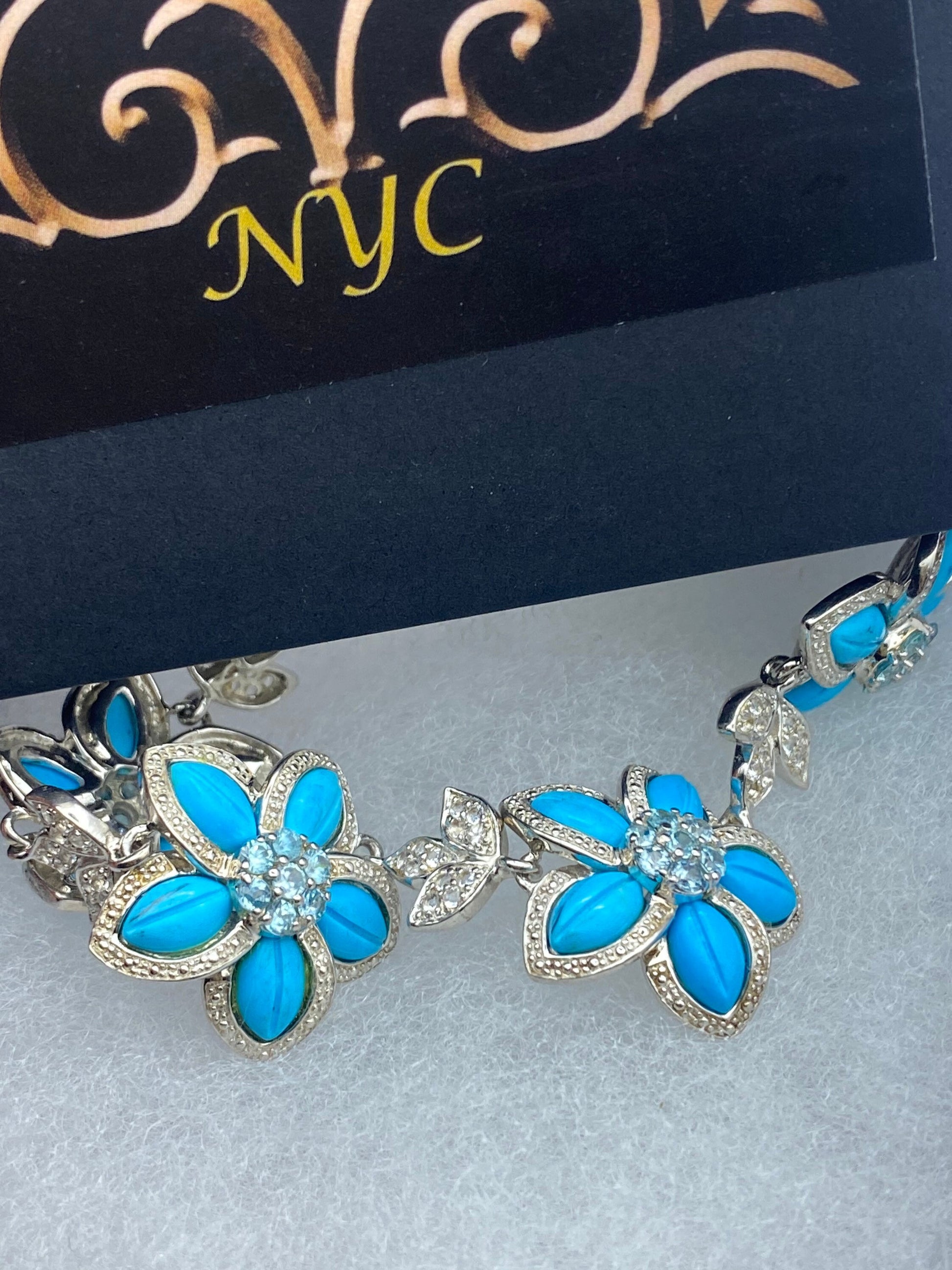 Vintage Persian Turquoise Flower 925 Sterling Silver Bracelet