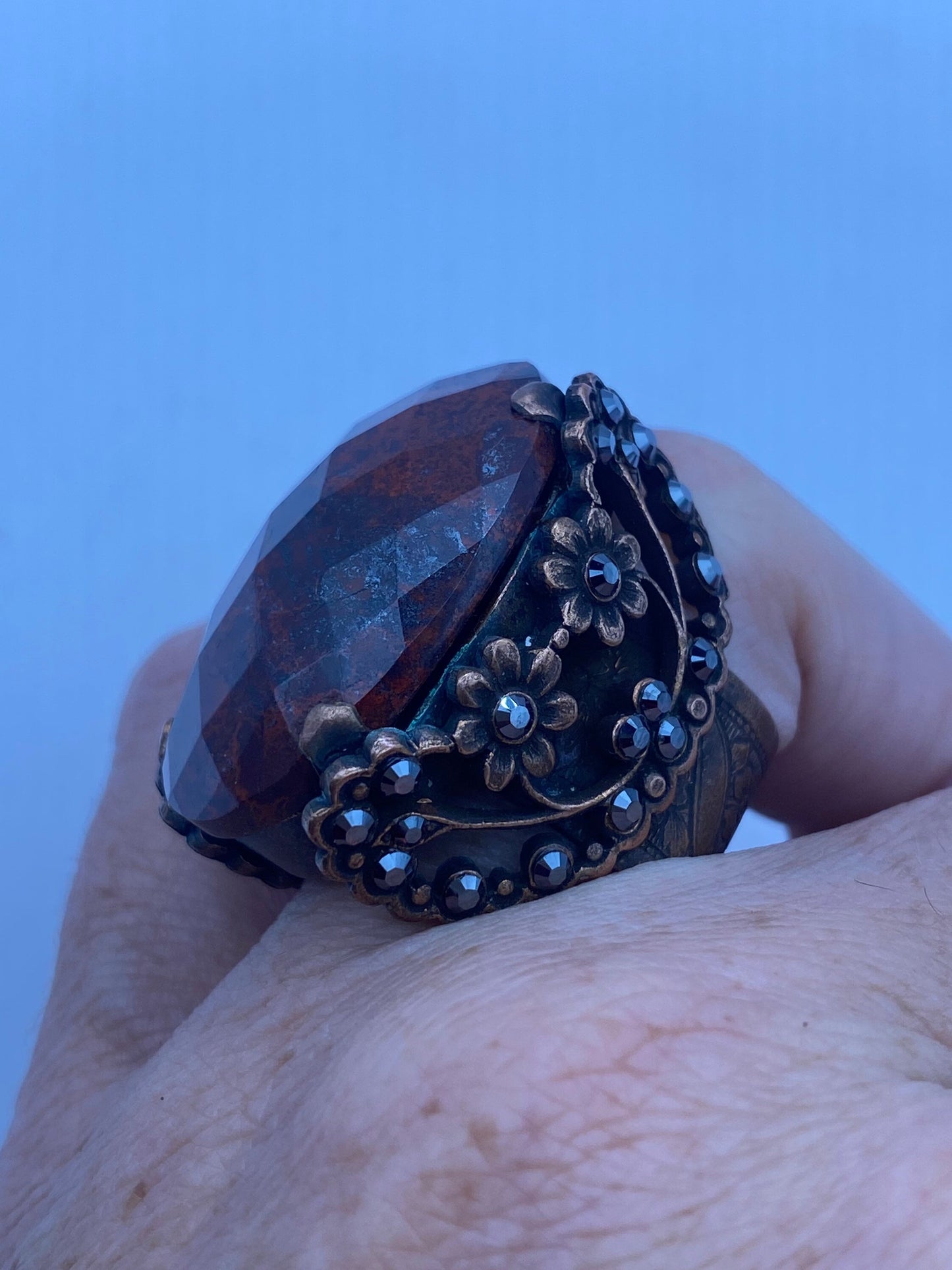 Vintage Red Jasper Agate Stone copper Ring Adjustable