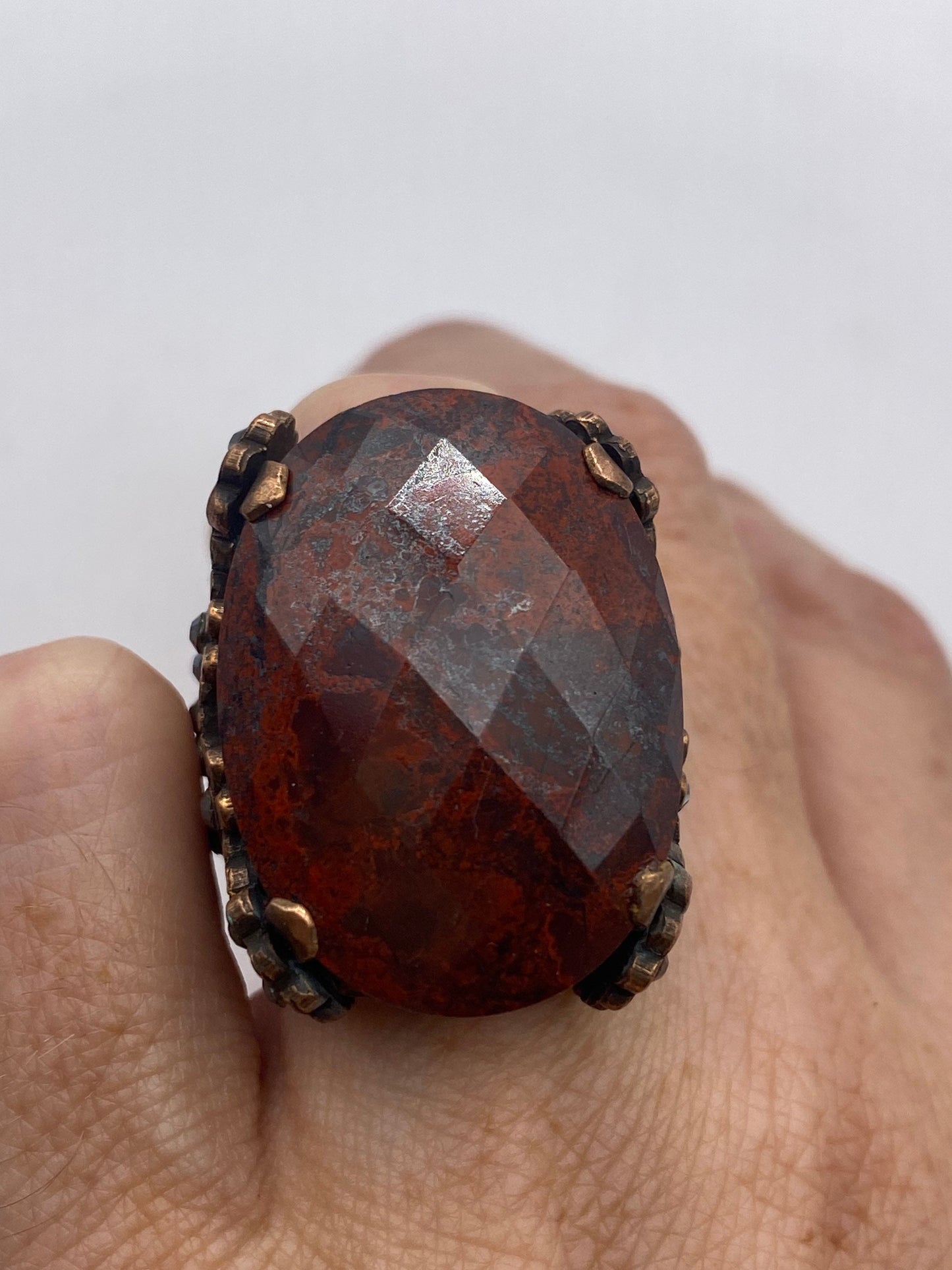 Vintage Red Jasper Agate Stone copper Ring Adjustable