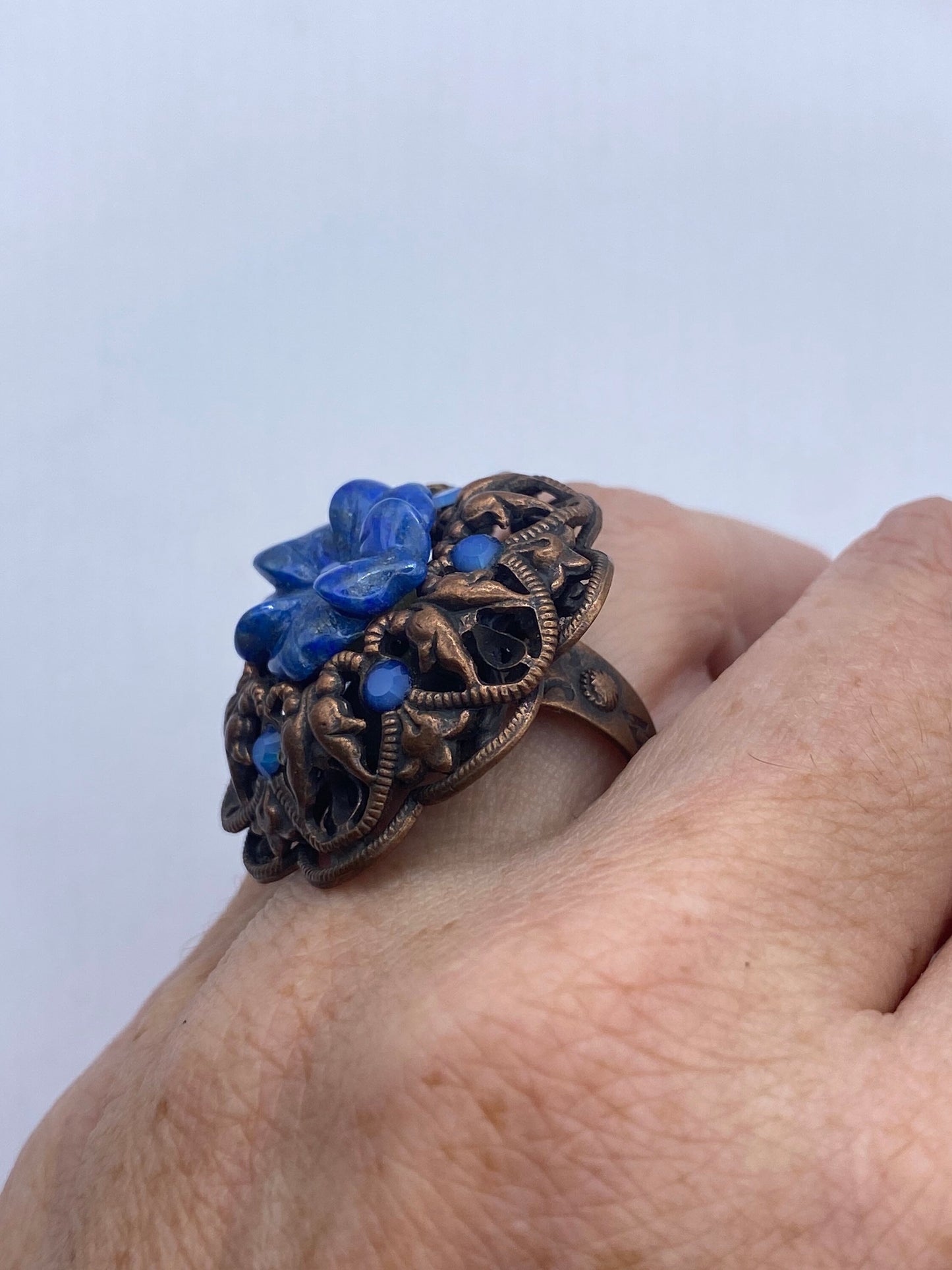 Vintage Lapis Lazuli Flower Stone copper Ring Adjustable