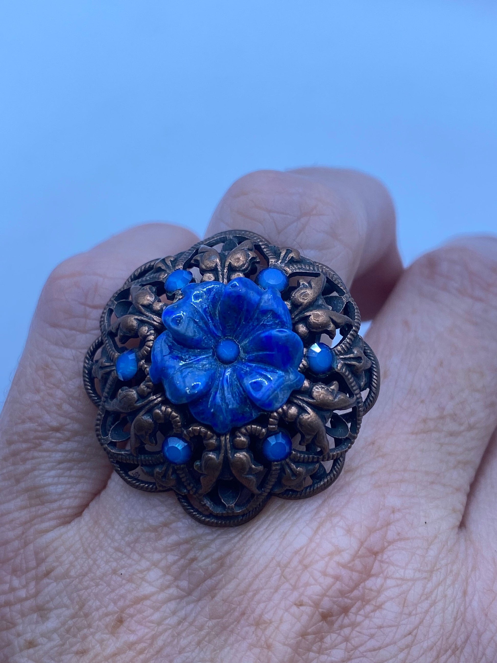 Vintage Lapis Lazuli Flower Stone copper Ring Adjustable