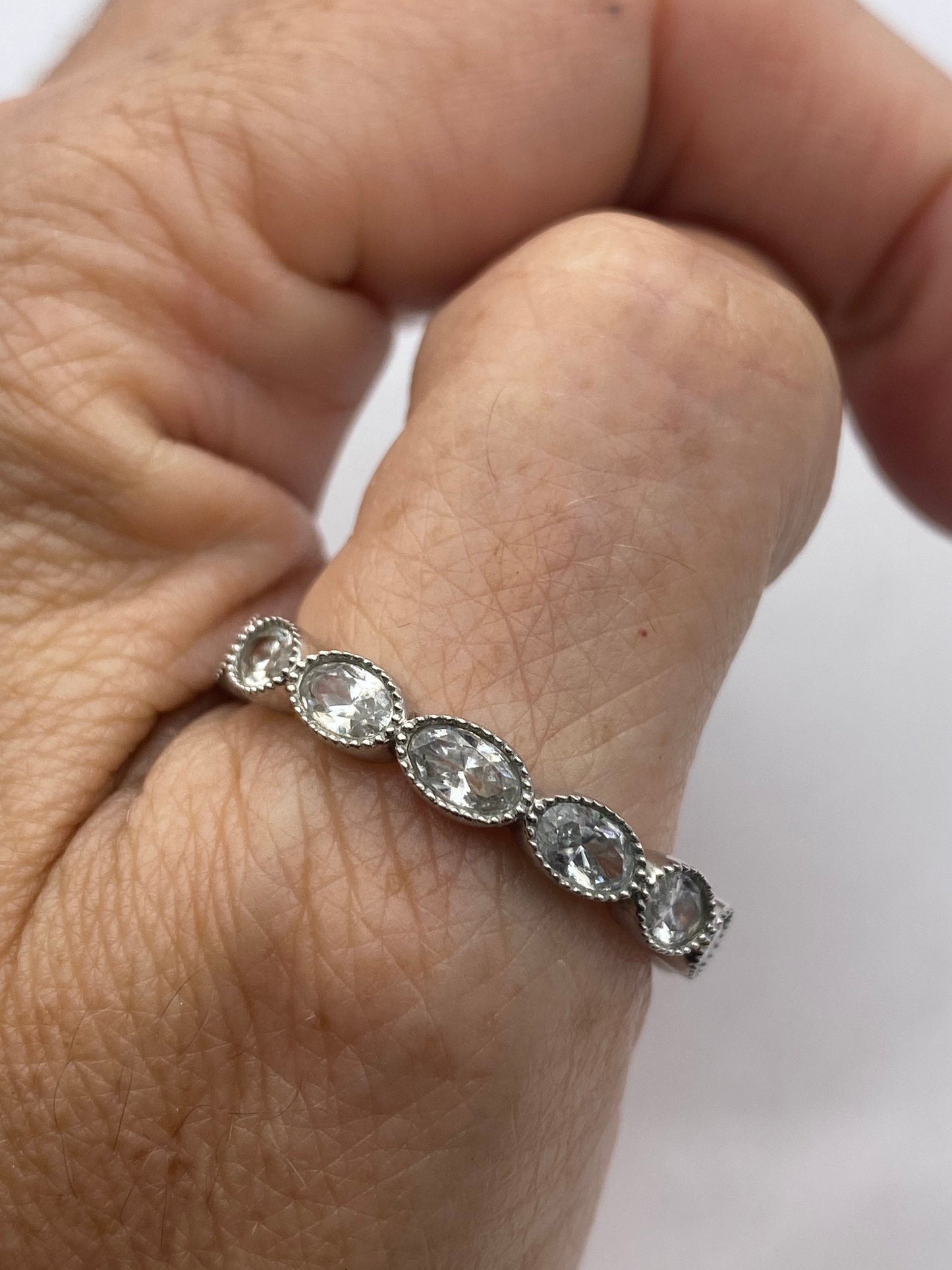 Vintage White Crystal 925 Sterling Silver Wedding Eternity Band Ring