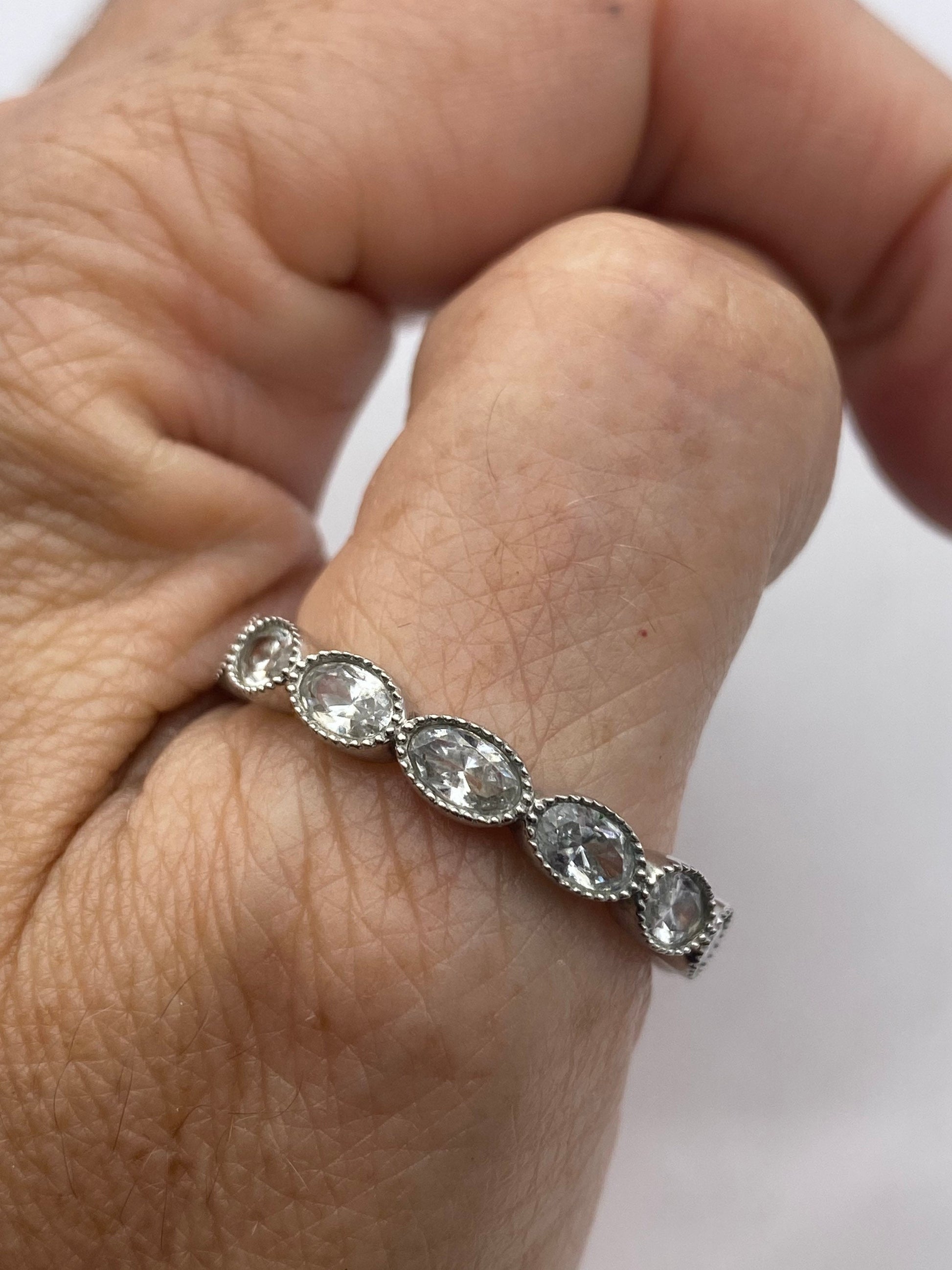 Vintage White Crystal 925 Sterling Silver Wedding Eternity Band Ring