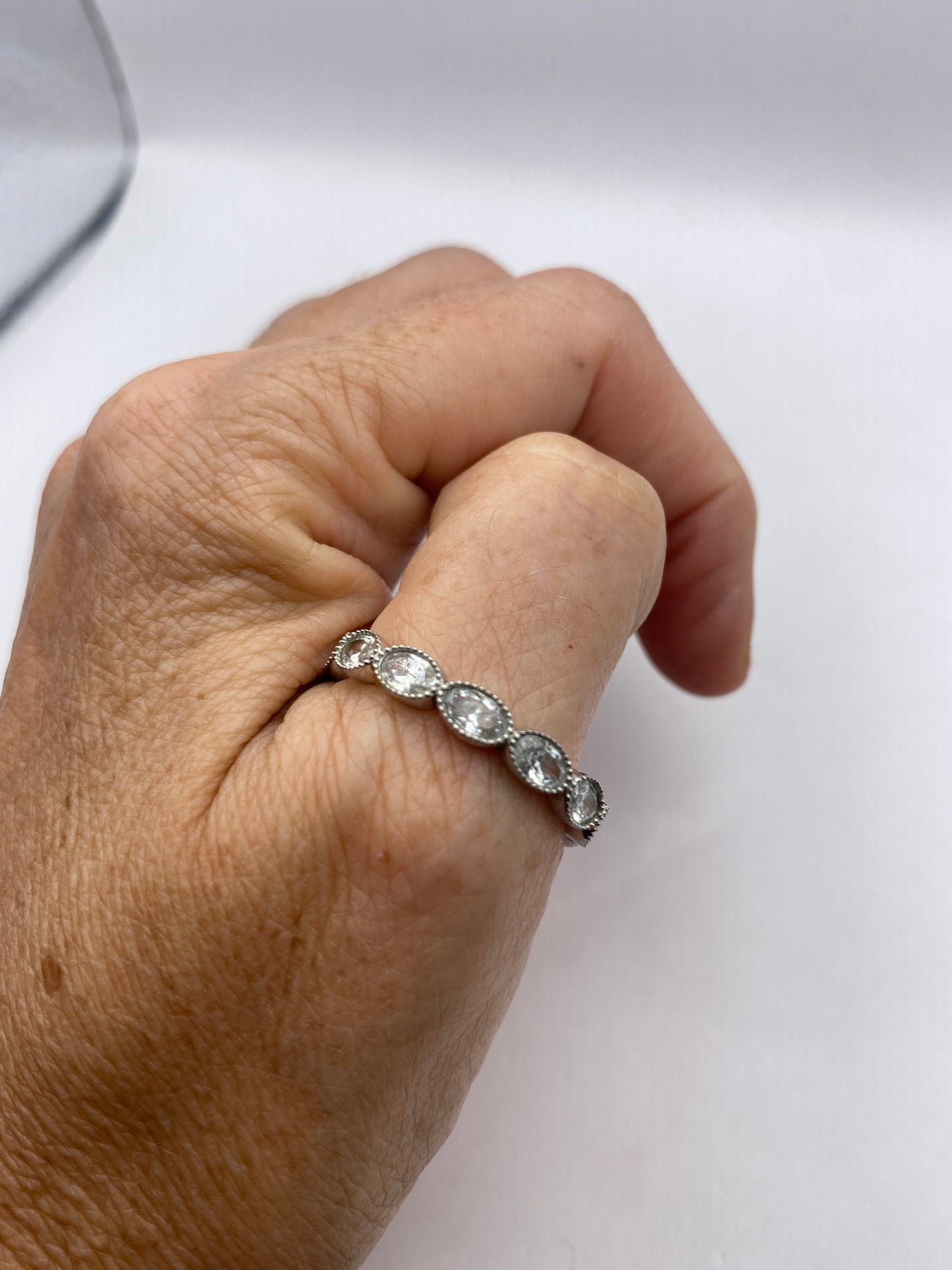 Vintage White Crystal 925 Sterling Silver Wedding Eternity Band Ring