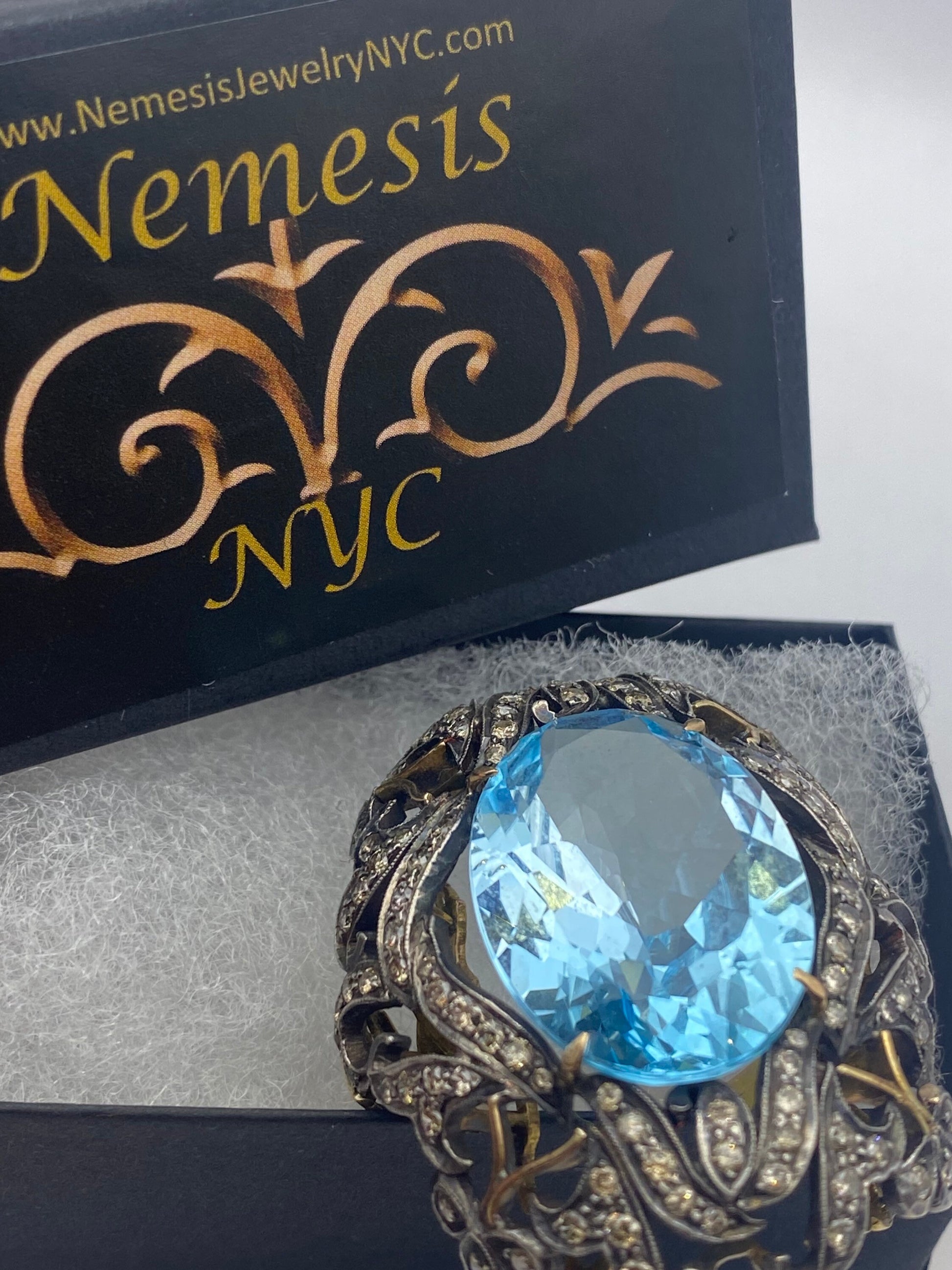 Vintage Natural Blue Topaz with Diamonds in 925 Sterling Silver and Gold Ring