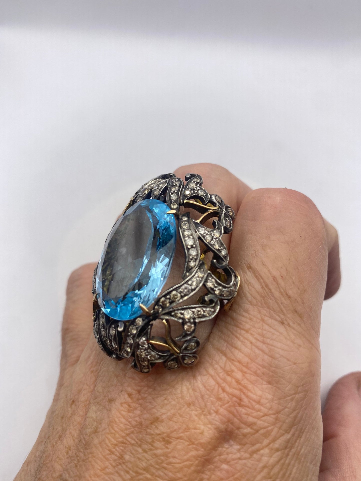 Vintage Natural Blue Topaz with Diamonds in 925 Sterling Silver and Gold Ring