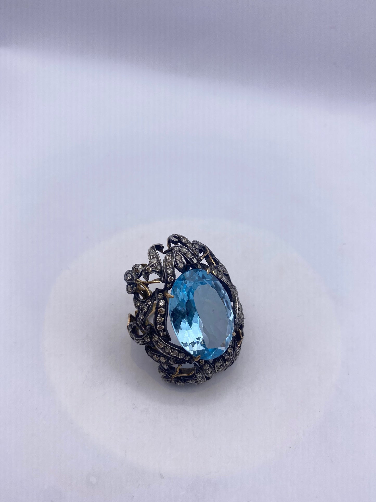 Vintage Natural Blue Topaz with Diamonds in 925 Sterling Silver and Gold Ring