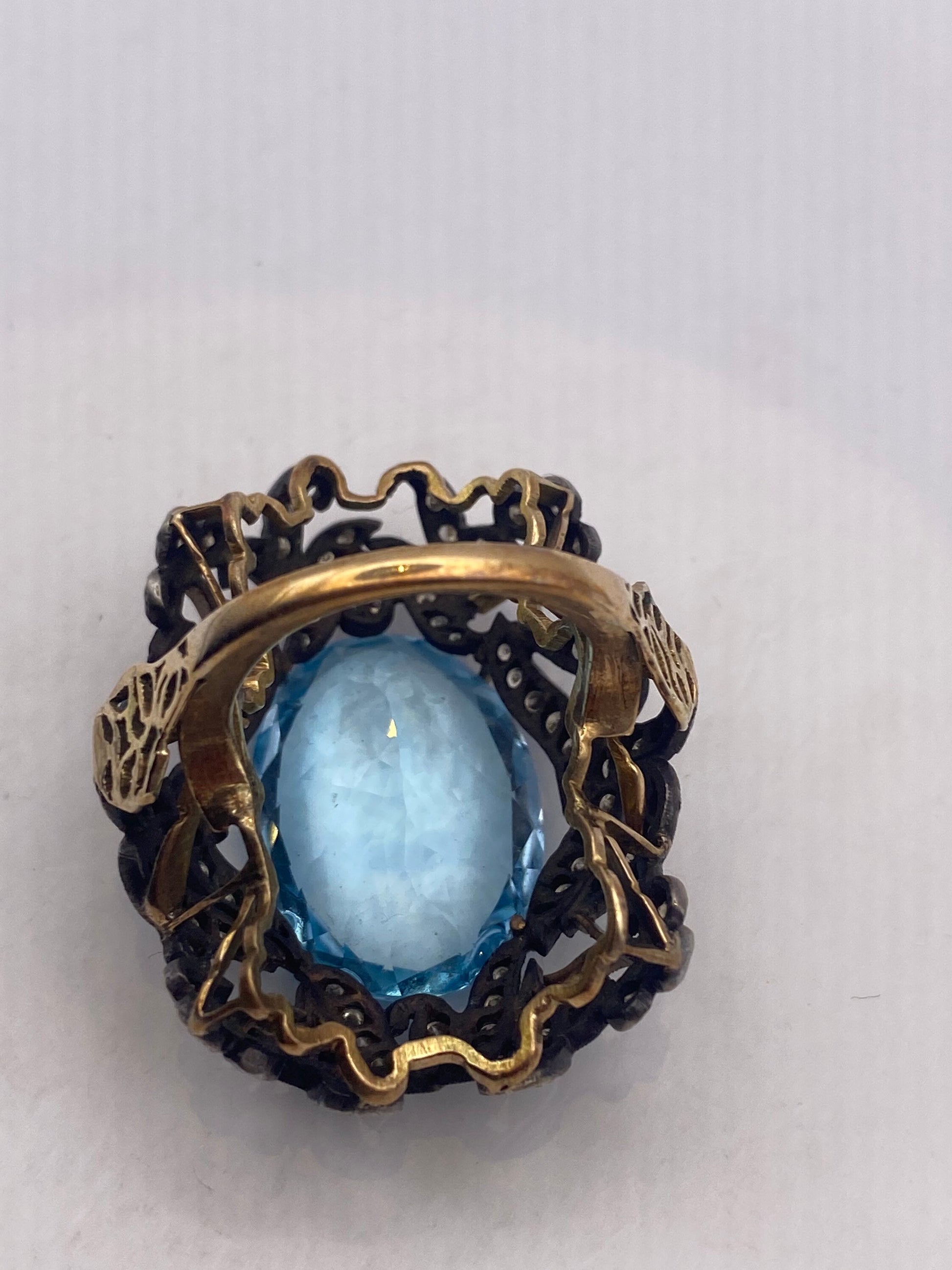 Vintage Natural Blue Topaz with Diamonds in 925 Sterling Silver and Gold Ring