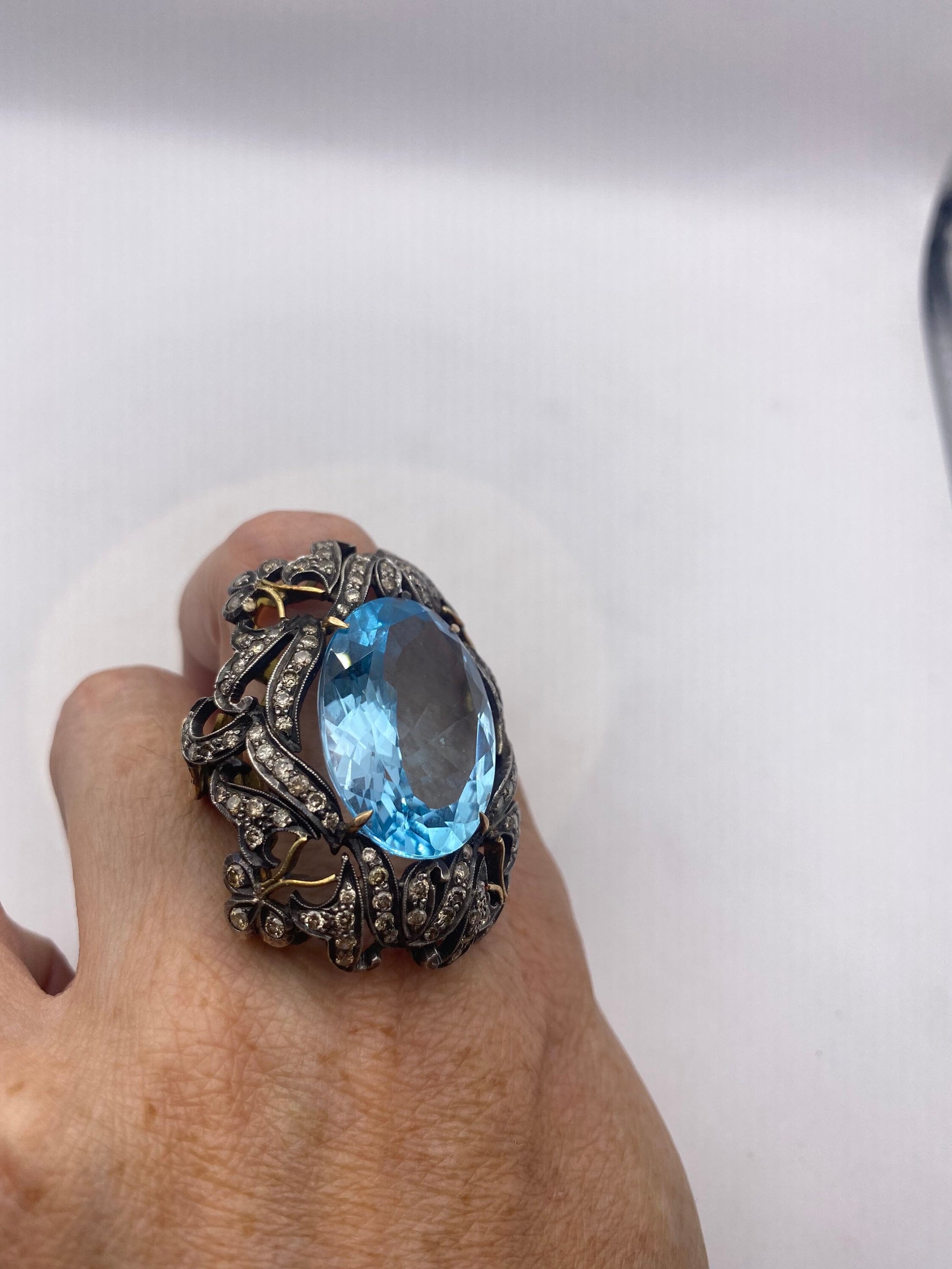 Vintage Natural Blue Topaz with Diamonds in 925 Sterling Silver and Gold Ring