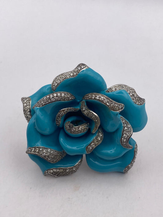 Vintage Turquoise Blue Enamel Rose 925 Sterling Silver Ring Adjustable