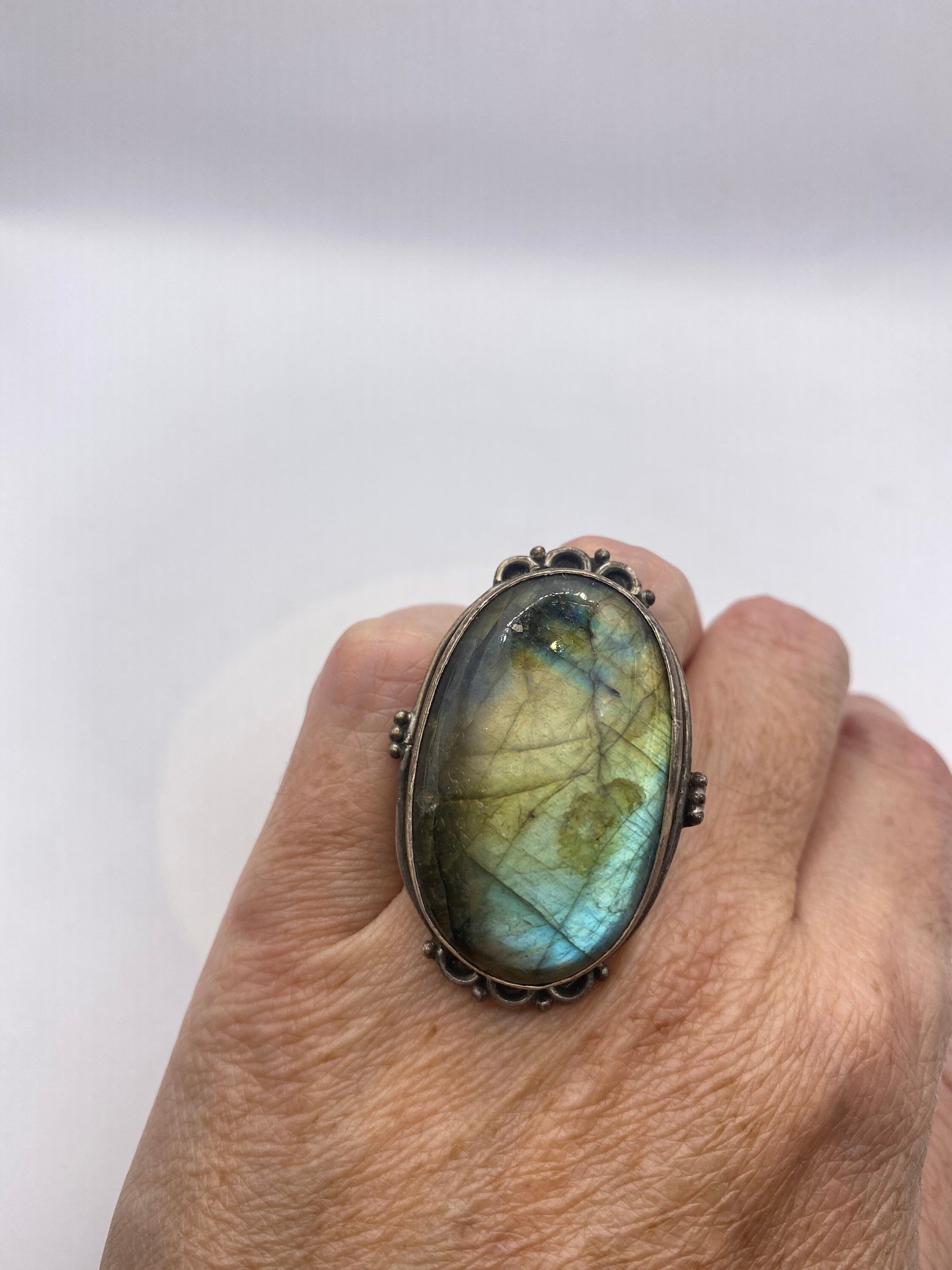 Vintage Green Labradorite Rainbow Moonstone Stone 925 Sterling Silver Ring