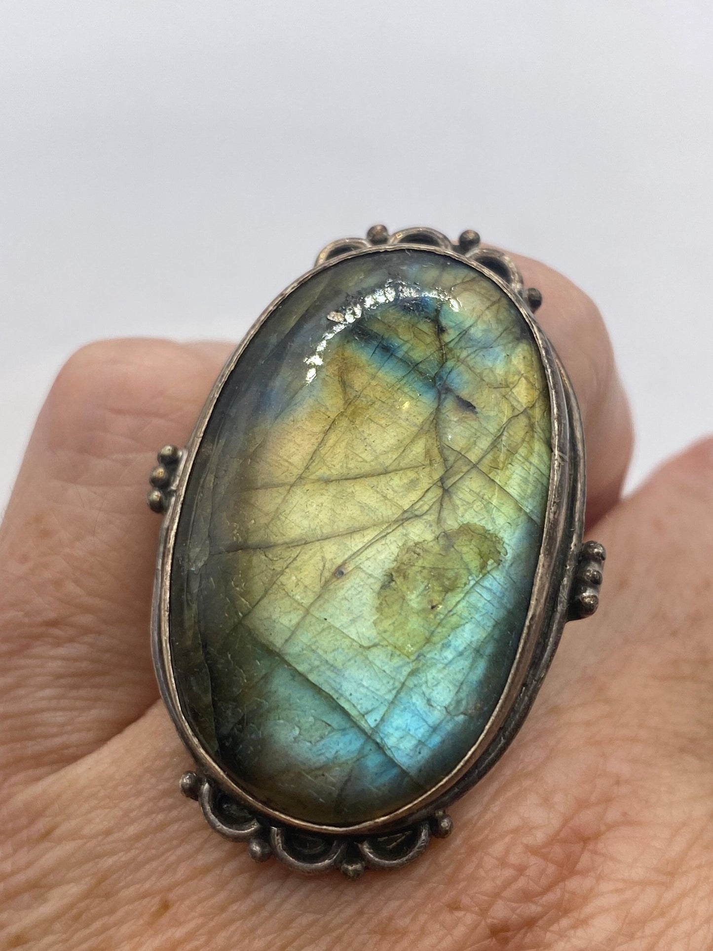 Vintage Green Labradorite Rainbow Moonstone Stone 925 Sterling Silver Ring