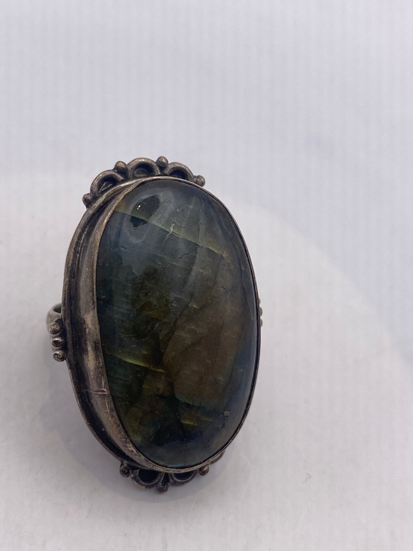 Vintage Green Labradorite Rainbow Moonstone Stone 925 Sterling Silver Ring