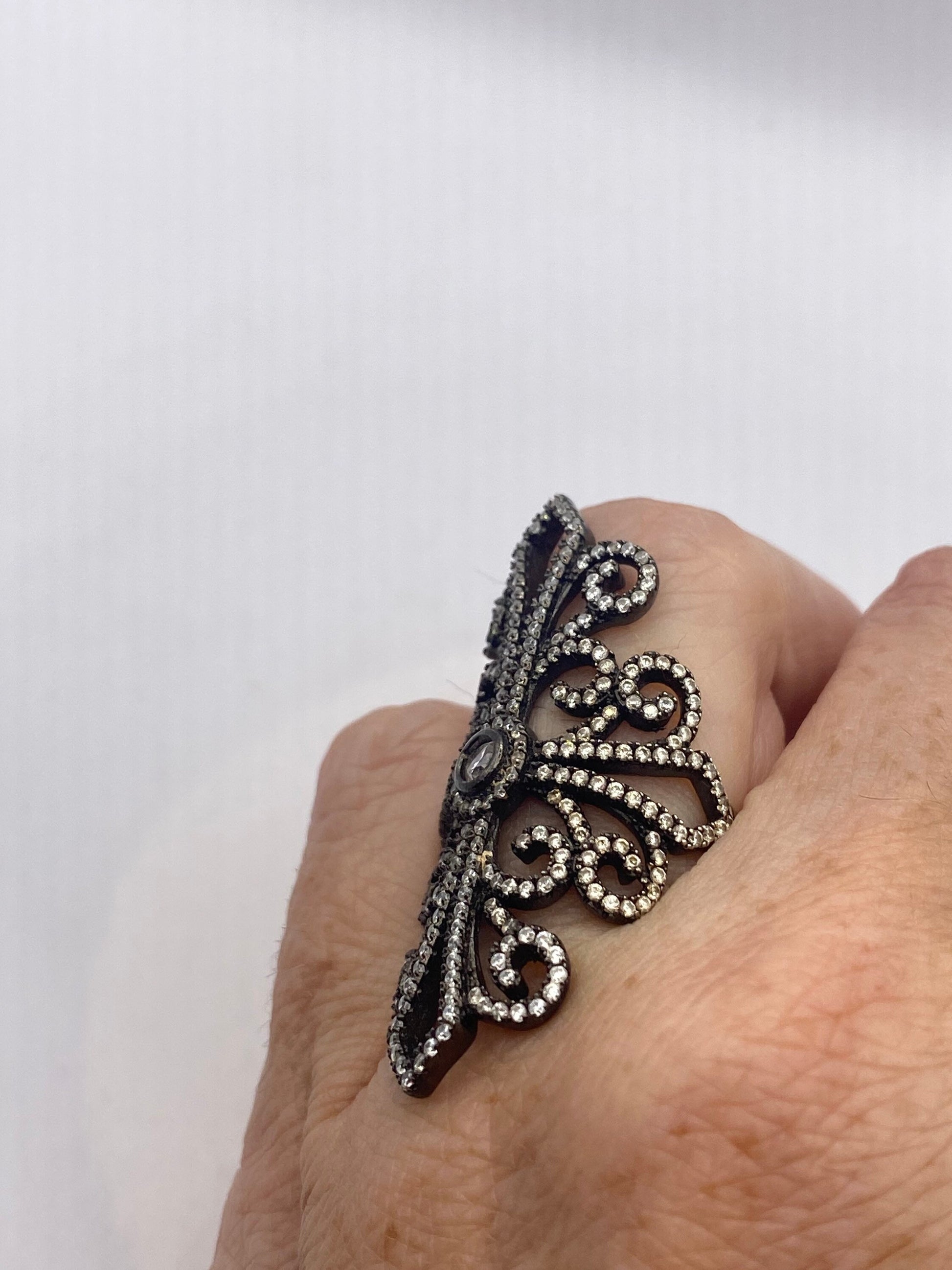 Vintage Filigree Cubic Zirconia Crystal Gothic Sterling Silver Ring