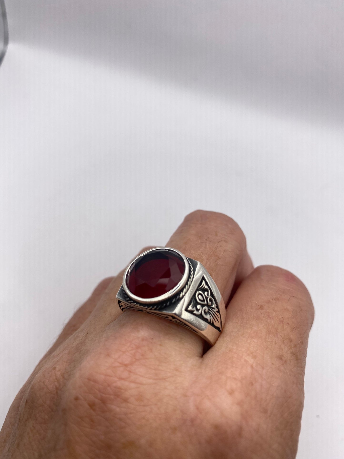 Vintage Sterling Silver Ruby Glass Mens Pirate Ring