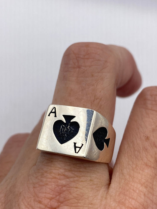 Vintage Black Ace of Spades 925 Sterling Silver Ring