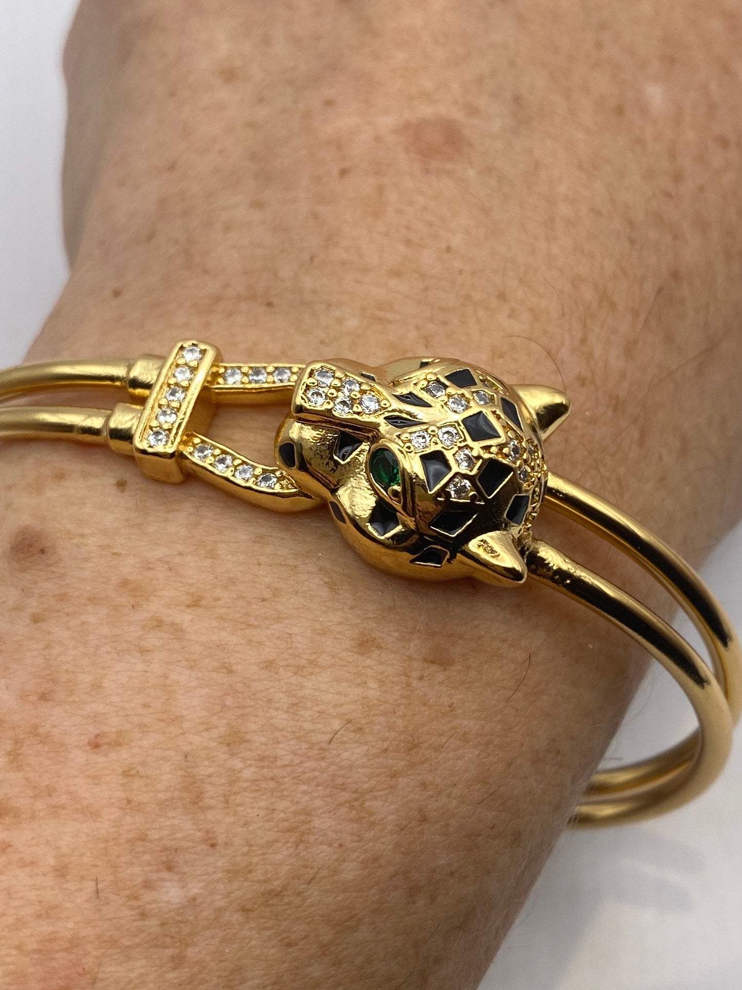 Vintage Cougar Cat Bangle Bracelet Gold filled Green Crystal Eyes