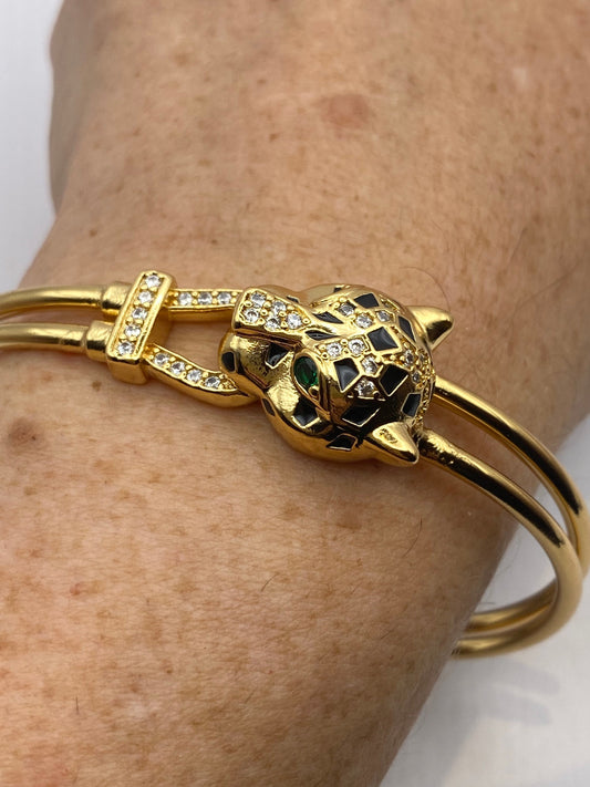 Vintage Cougar Cat Bangle Bracelet Gold filled Green Crystal Eyes