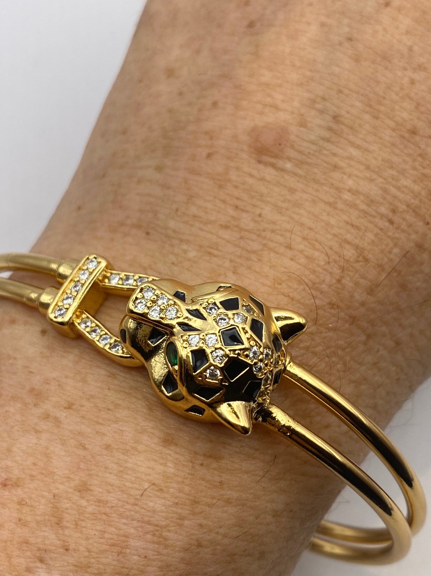 Vintage Cougar Cat Bangle Bracelet Gold filled Green Crystal Eyes
