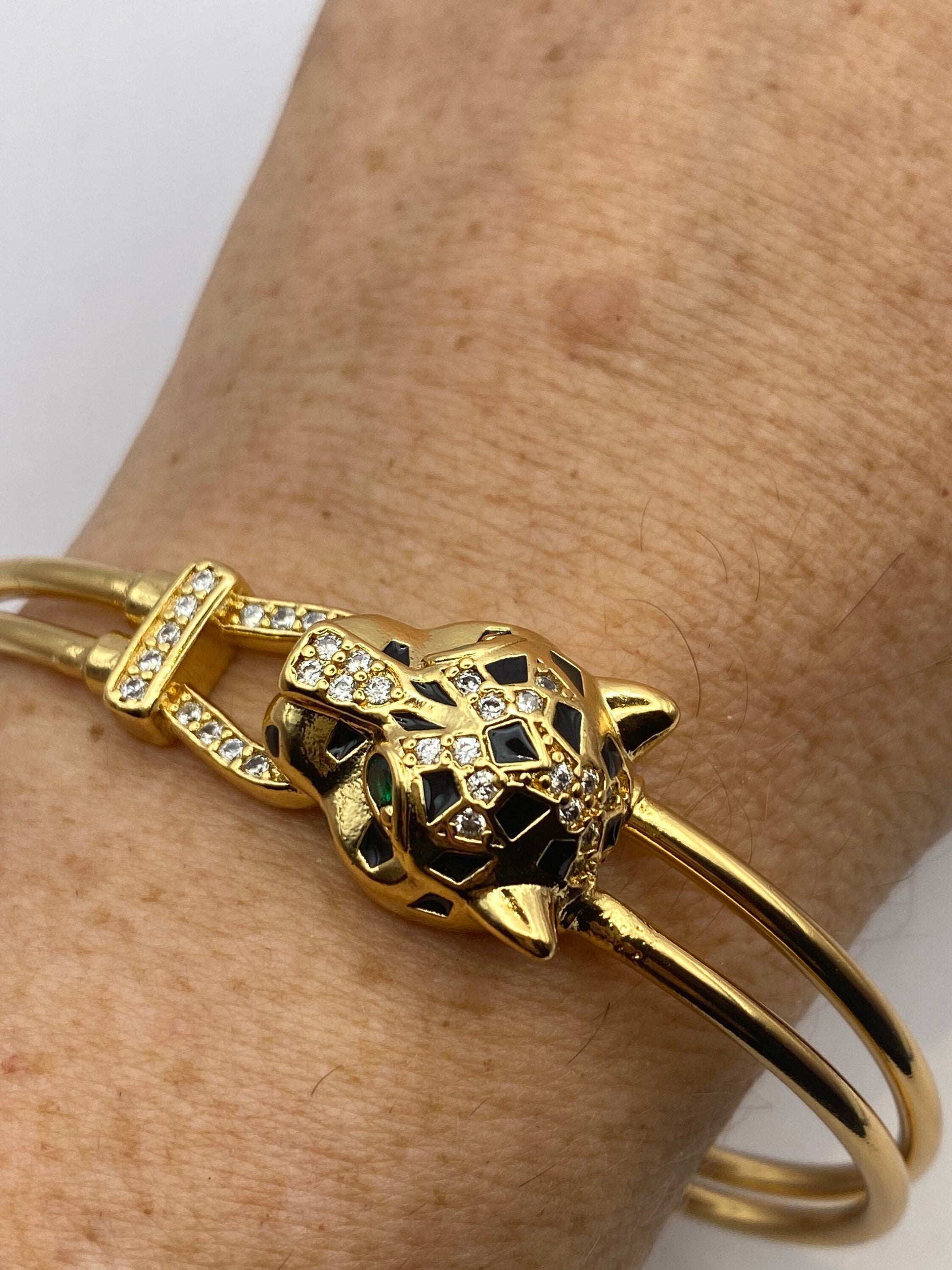 Vintage Cougar Cat Bangle Bracelet Gold filled Green Crystal Eyes