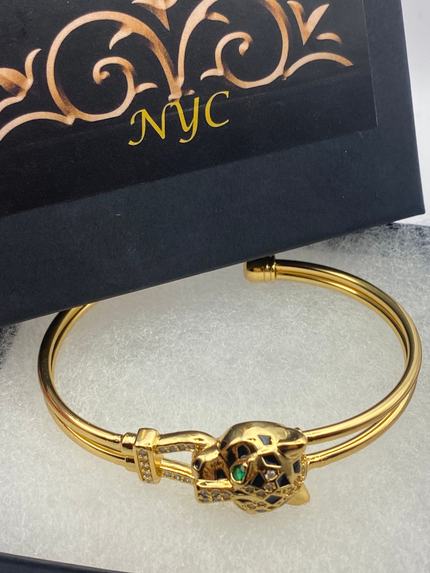 Vintage Cougar Cat Bangle Bracelet Gold filled Green Crystal Eyes