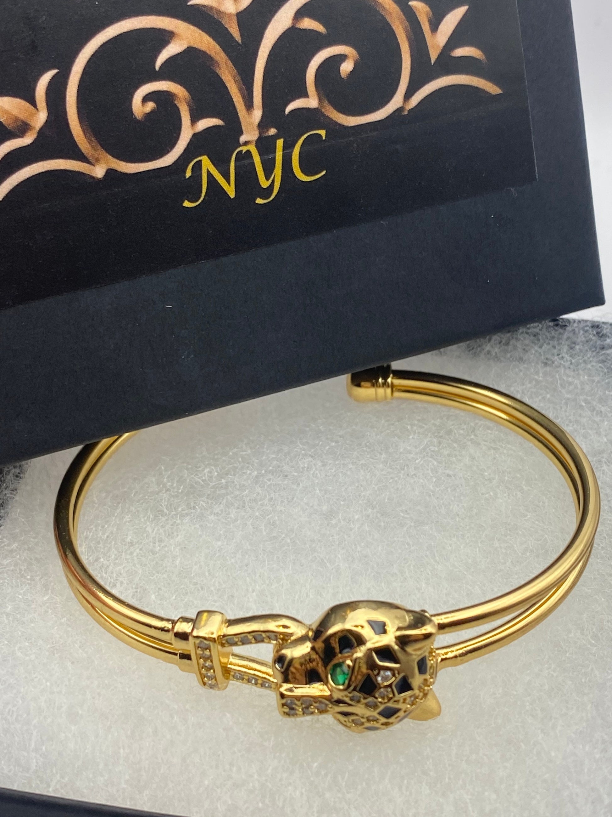 Vintage Cougar Cat Bangle Bracelet Gold filled Green Crystal Eyes