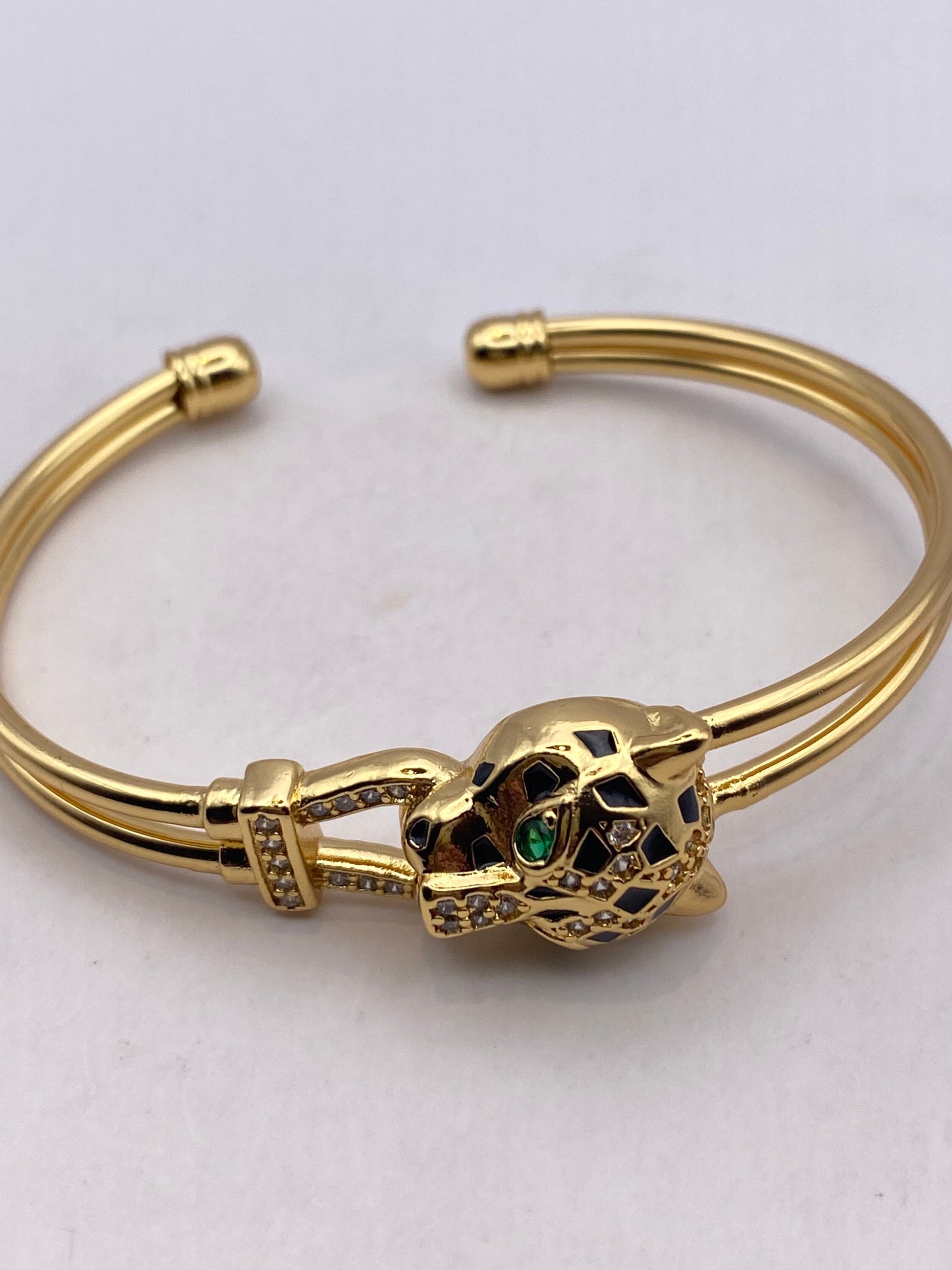 Vintage Cougar Cat Bangle Bracelet Gold filled Green Crystal Eyes