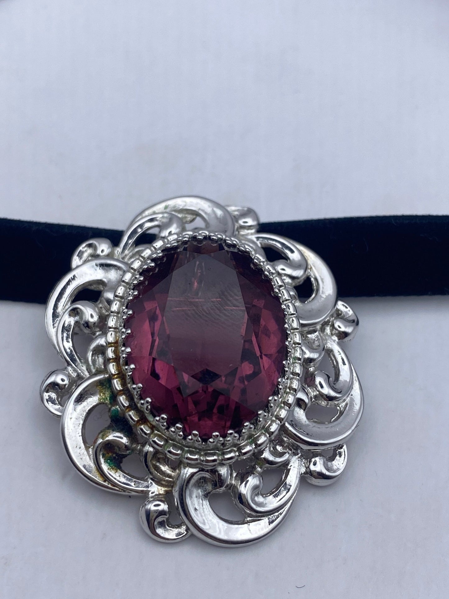 Vintage Purple Choker Amethyst Crystal Sterling Silver Brooch/ Necklace