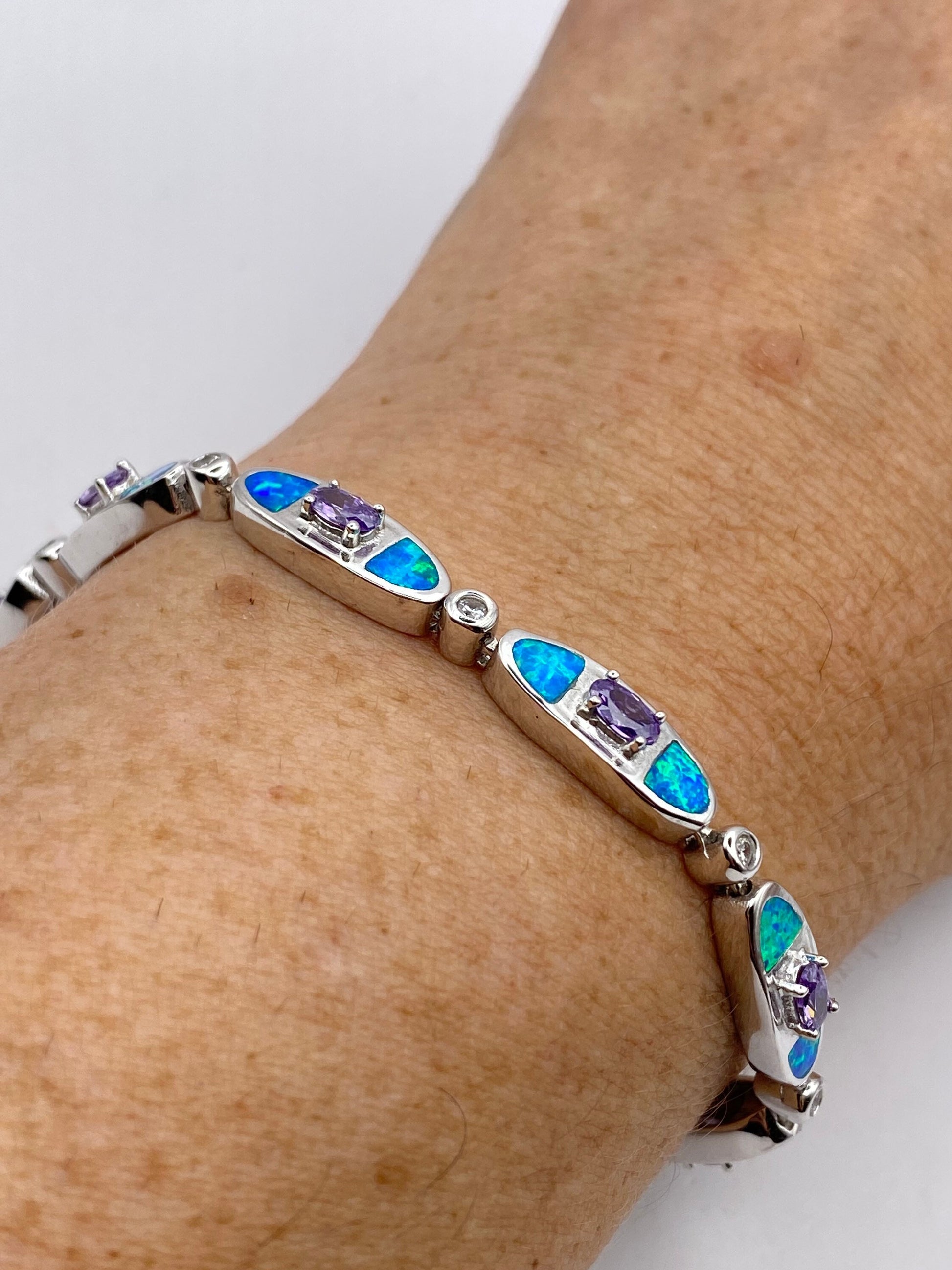 Vintage Blue Fire Opal Amethyst Bracelet inlay 925 Sterling Silver