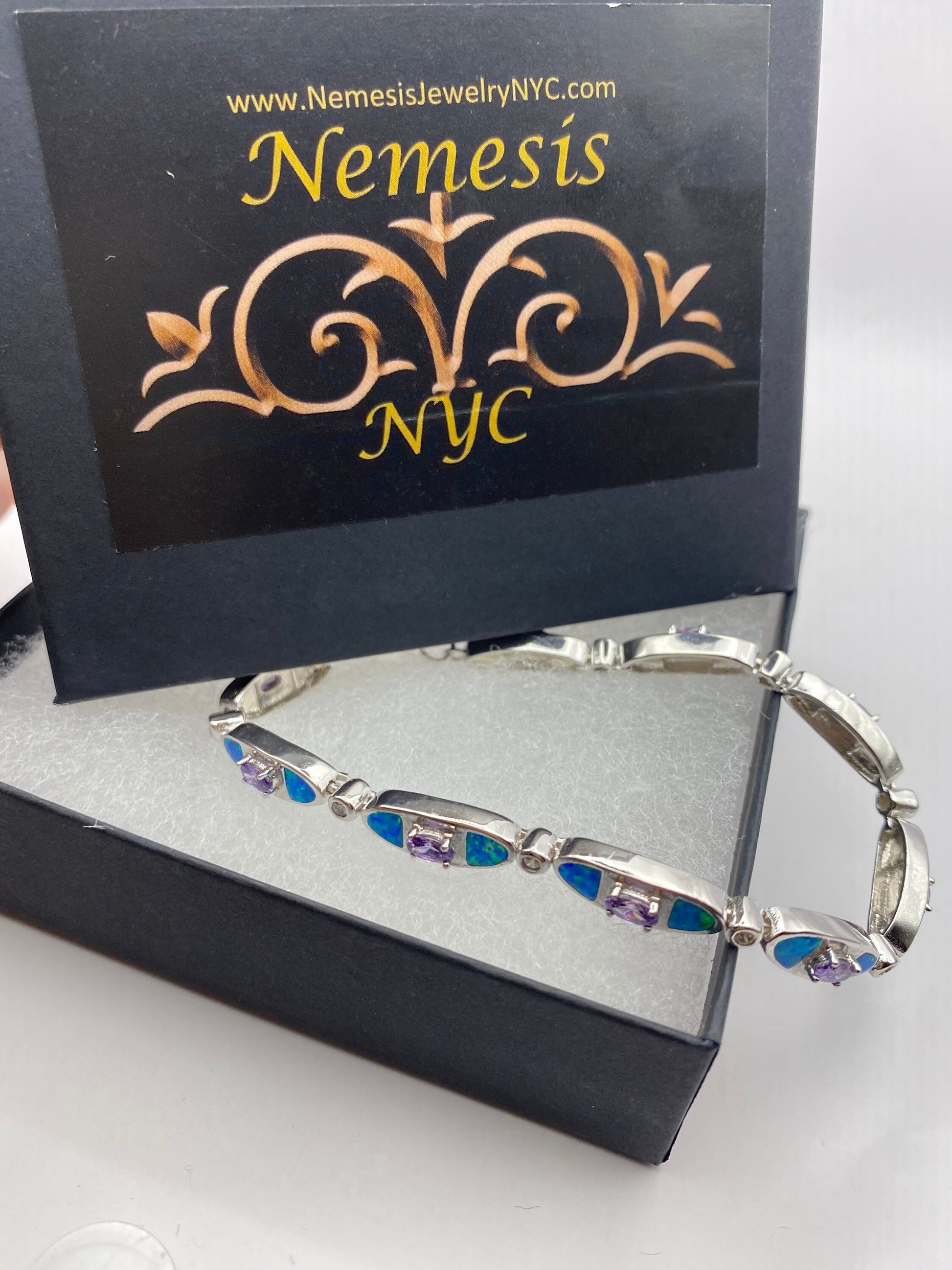 Vintage Blue Fire Opal Amethyst Bracelet inlay 925 Sterling Silver