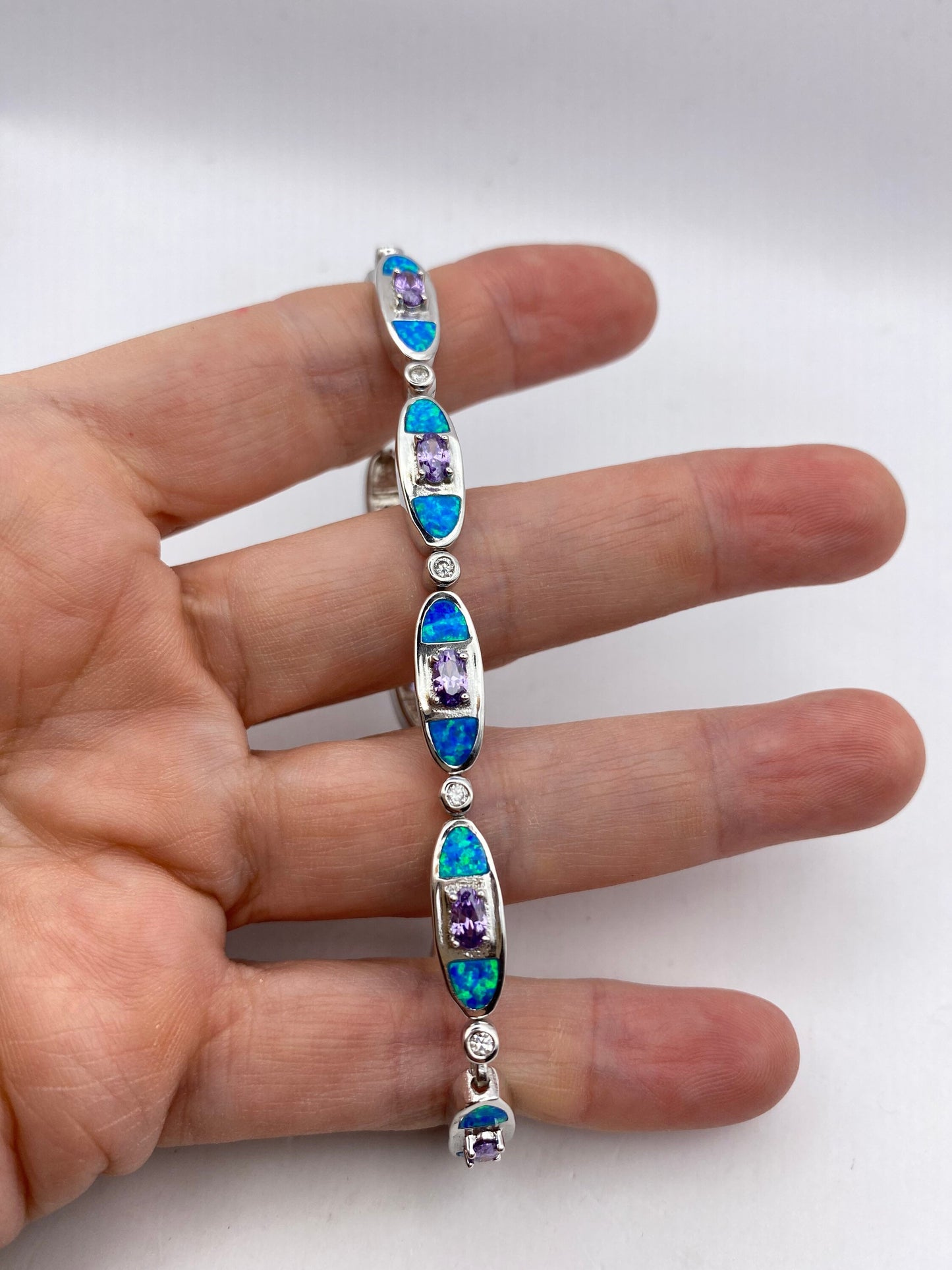 Vintage Blue Fire Opal Amethyst Bracelet inlay 925 Sterling Silver