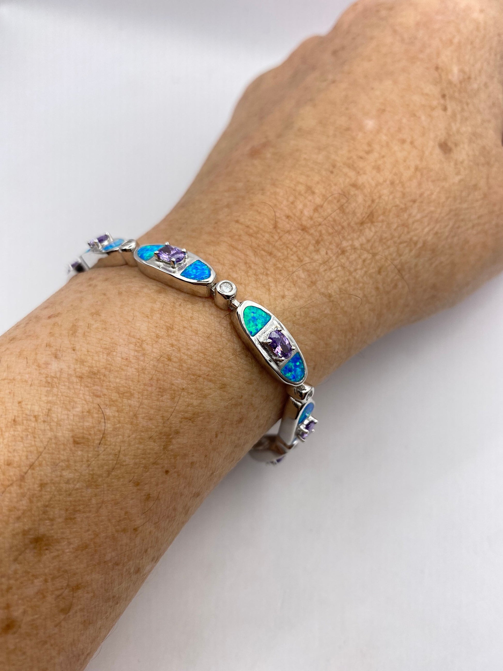 Vintage Blue Fire Opal Amethyst Bracelet inlay 925 Sterling Silver