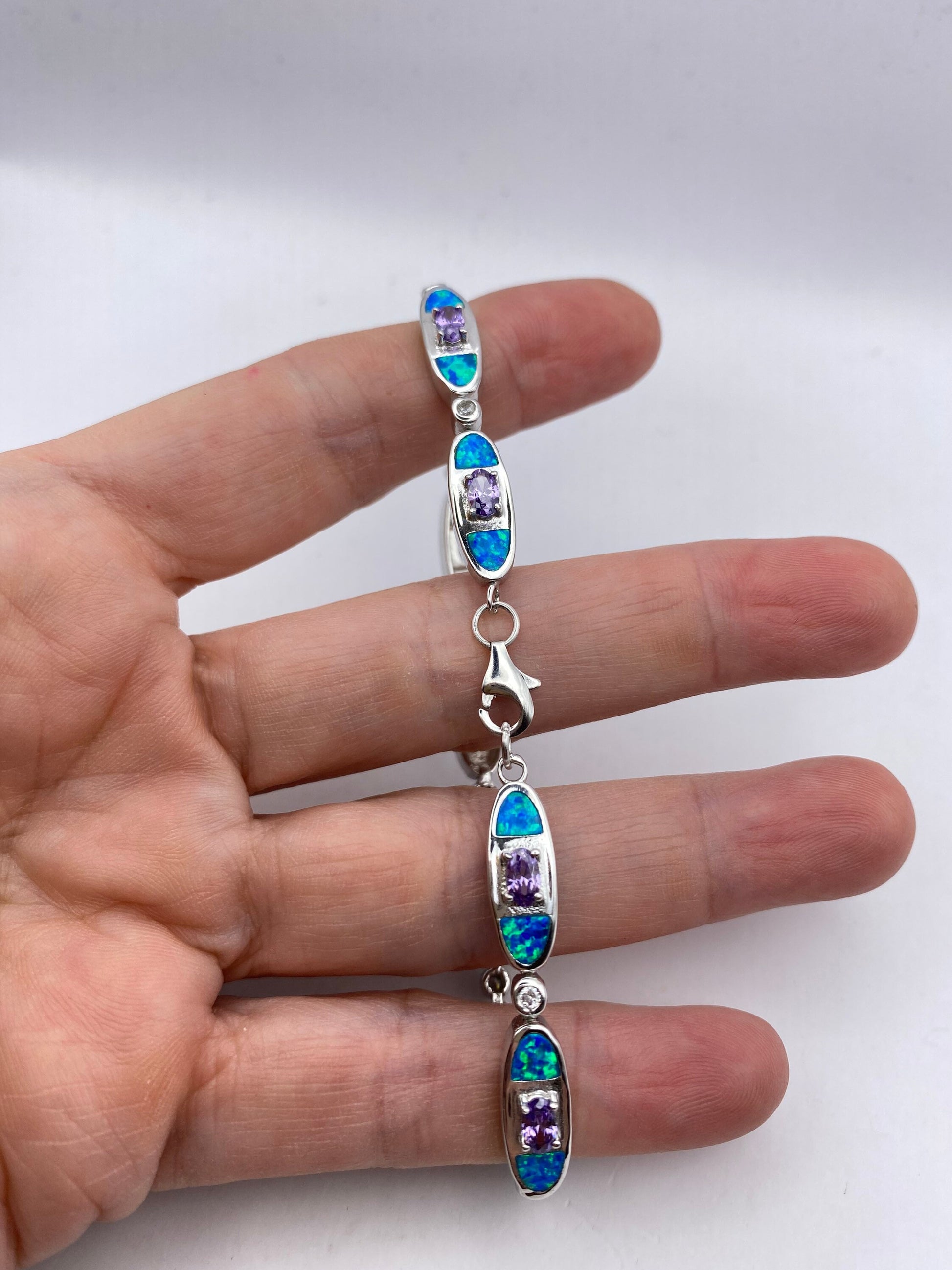 Vintage Blue Fire Opal Amethyst Bracelet inlay 925 Sterling Silver