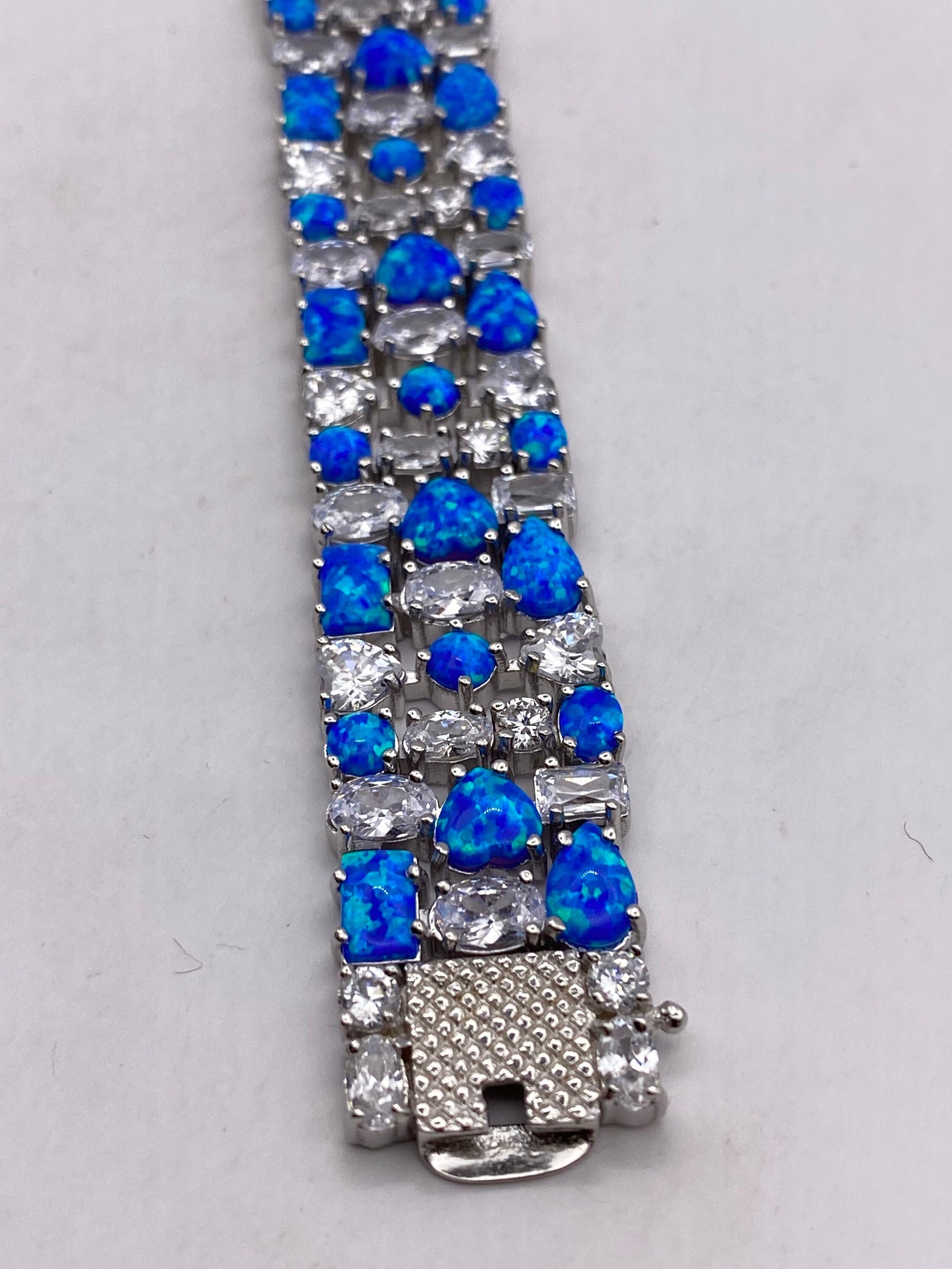 Vintage Blue Fire Opal Cubic Zirconia Heart Bracelet - 925 Sterling Silver Inlay