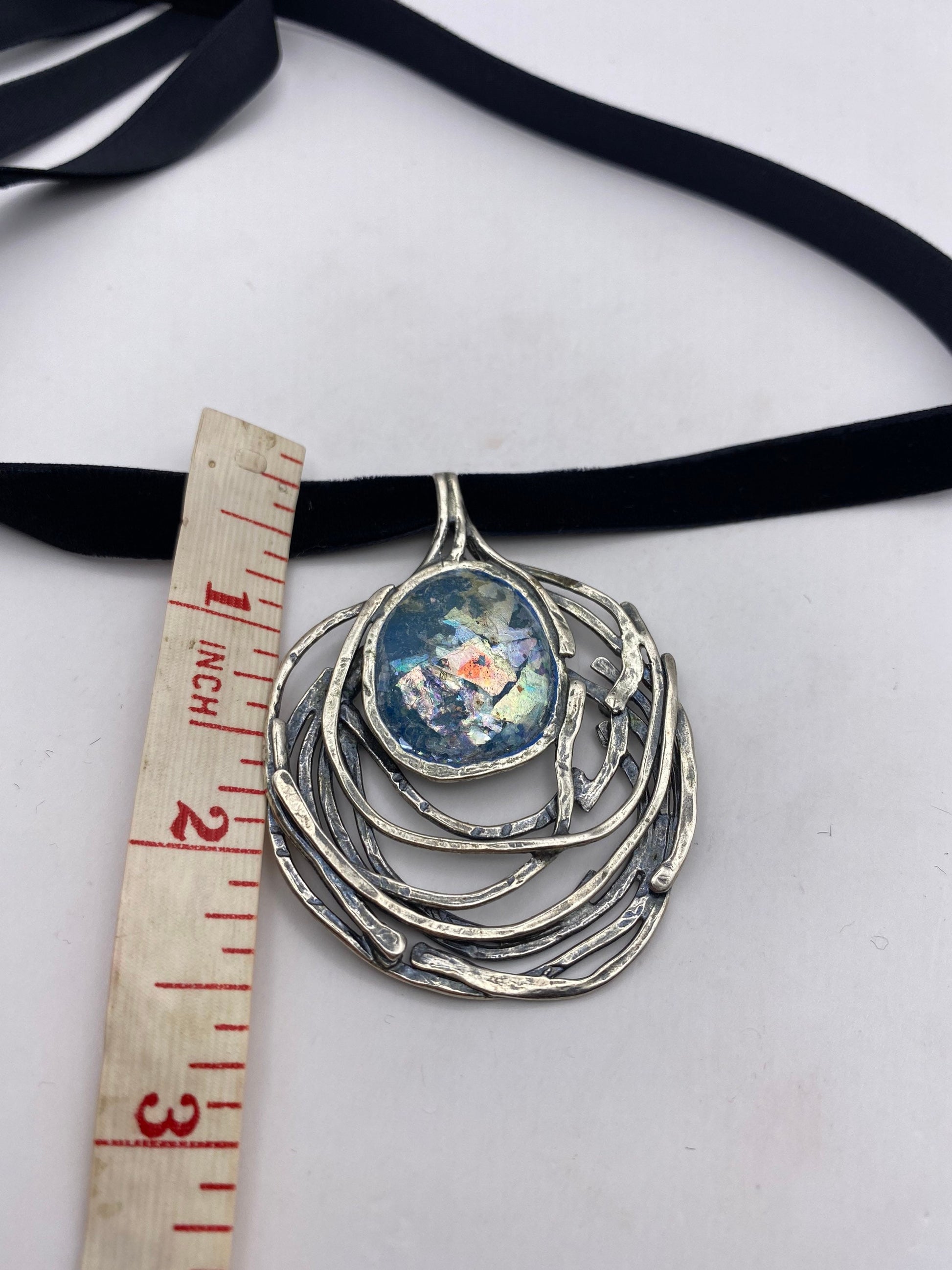 Vintage Ancient Glass 925 Sterling Silver Choker Pendant Necklace
