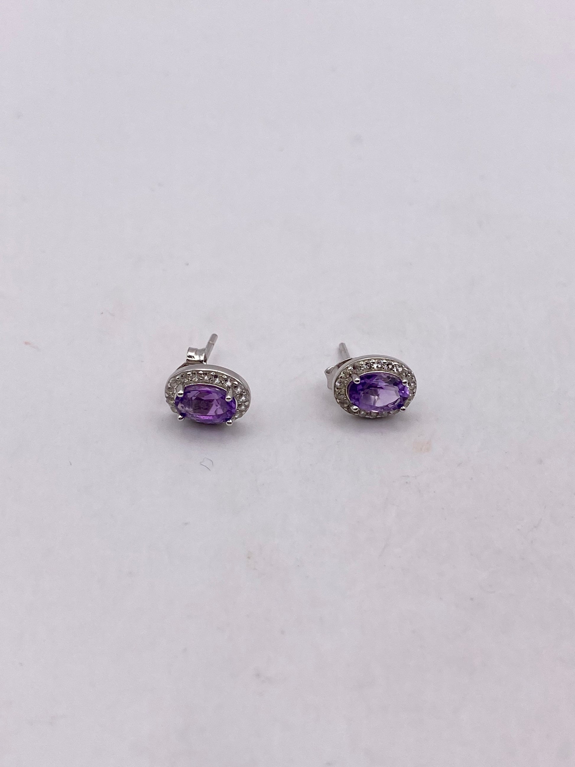 Vintage Amethyst Earrings 925 Sterling Silver Deco Button