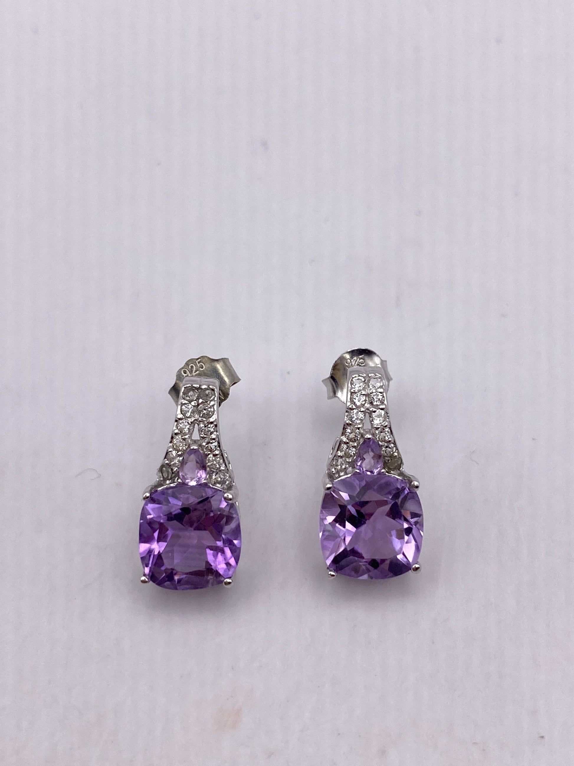 Vintage Amethyst Earrings 925 Sterling Silver Deco Drop
