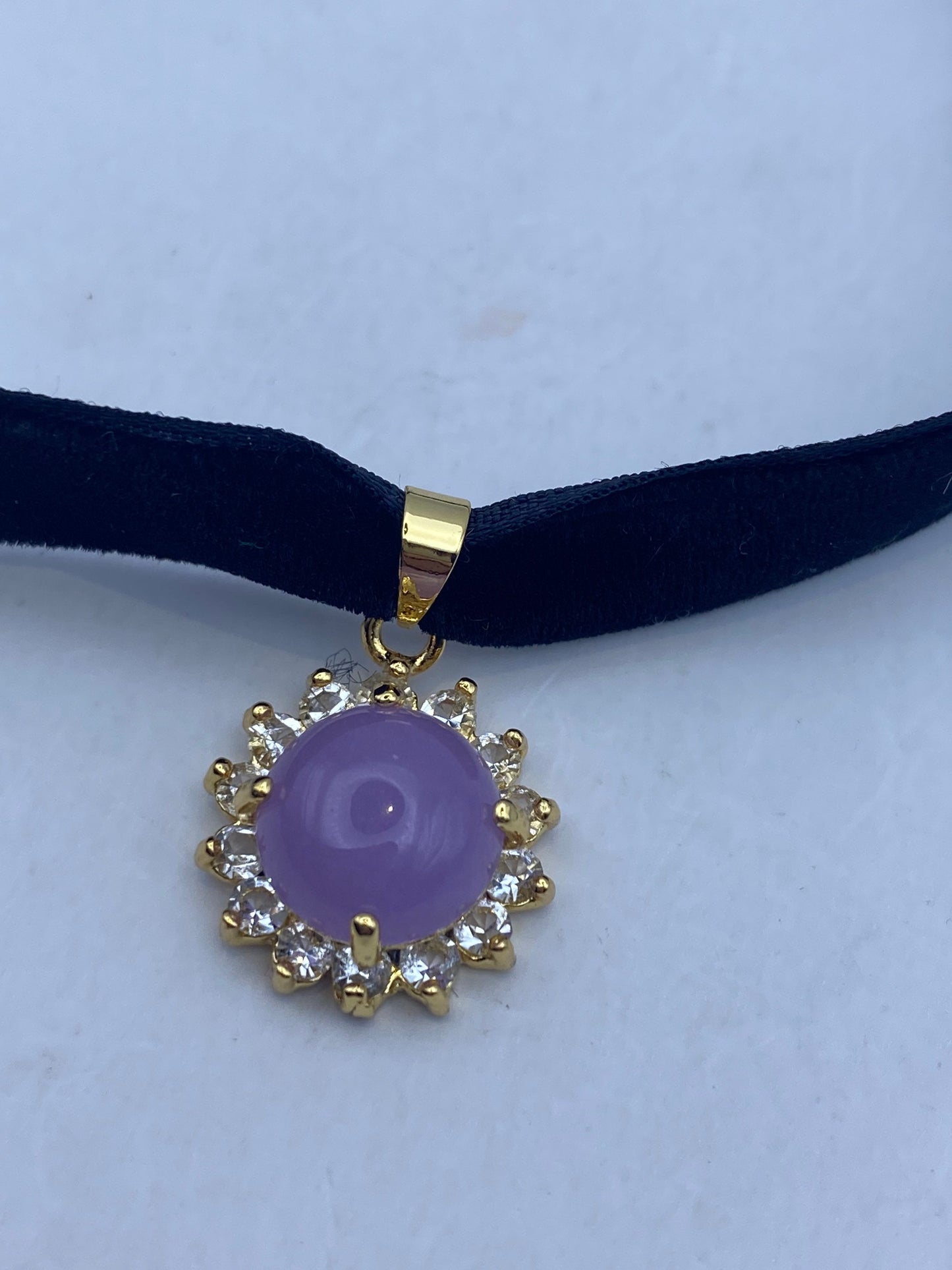 Vintage Lavender Jade Choker Golden Bronze Necklace Pendant